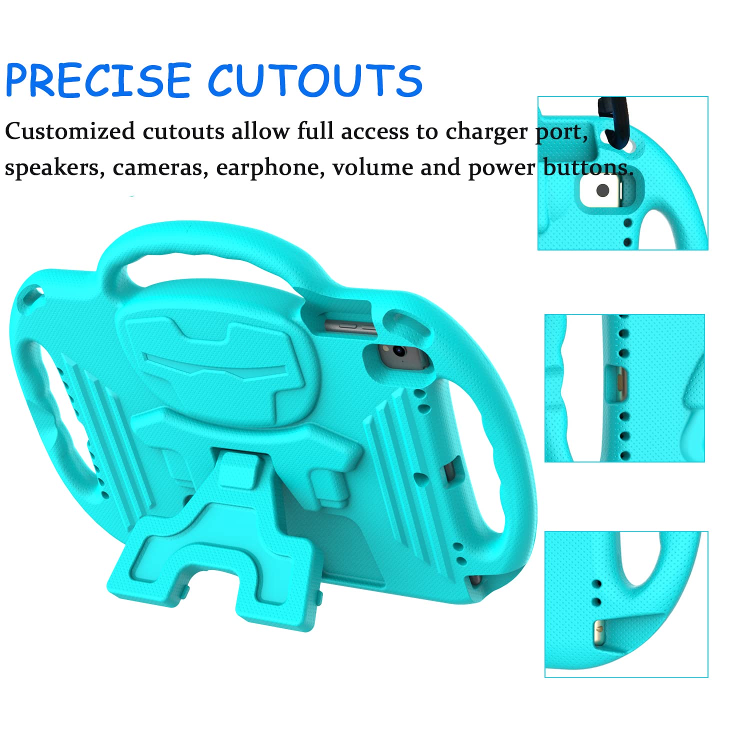 Menzo Kids Case For Ipad 9Th/8Th/7Th Generation, Shockproof Shoulder Strap Handle Stand, Turquoise