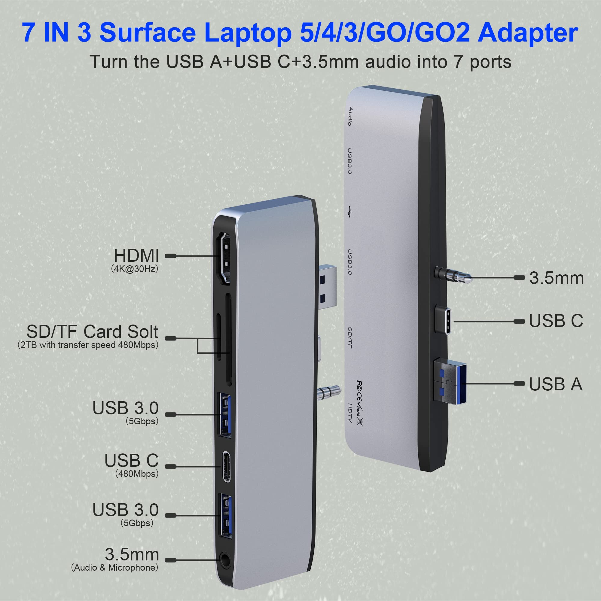 Surface Laptop 5 Hub Docking Station With 4K Hdmi+2 Usb 3.0+Type C+Sd Tf Card Slot+3.5Mm Audio Adaptor For Surface Laptop 5/4/3