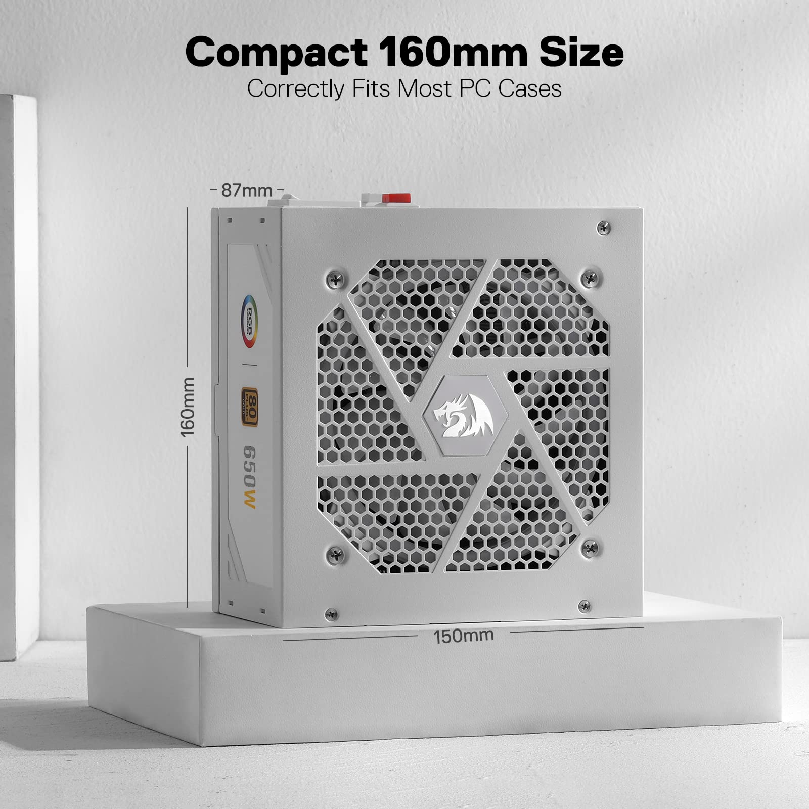 Redragon Psu013 80+ Gold 650 Watt Atx Fully Modular Power Supply W/ 80 Plus Gold Certified, Compact 160Mm Size And Low Noise Rgb