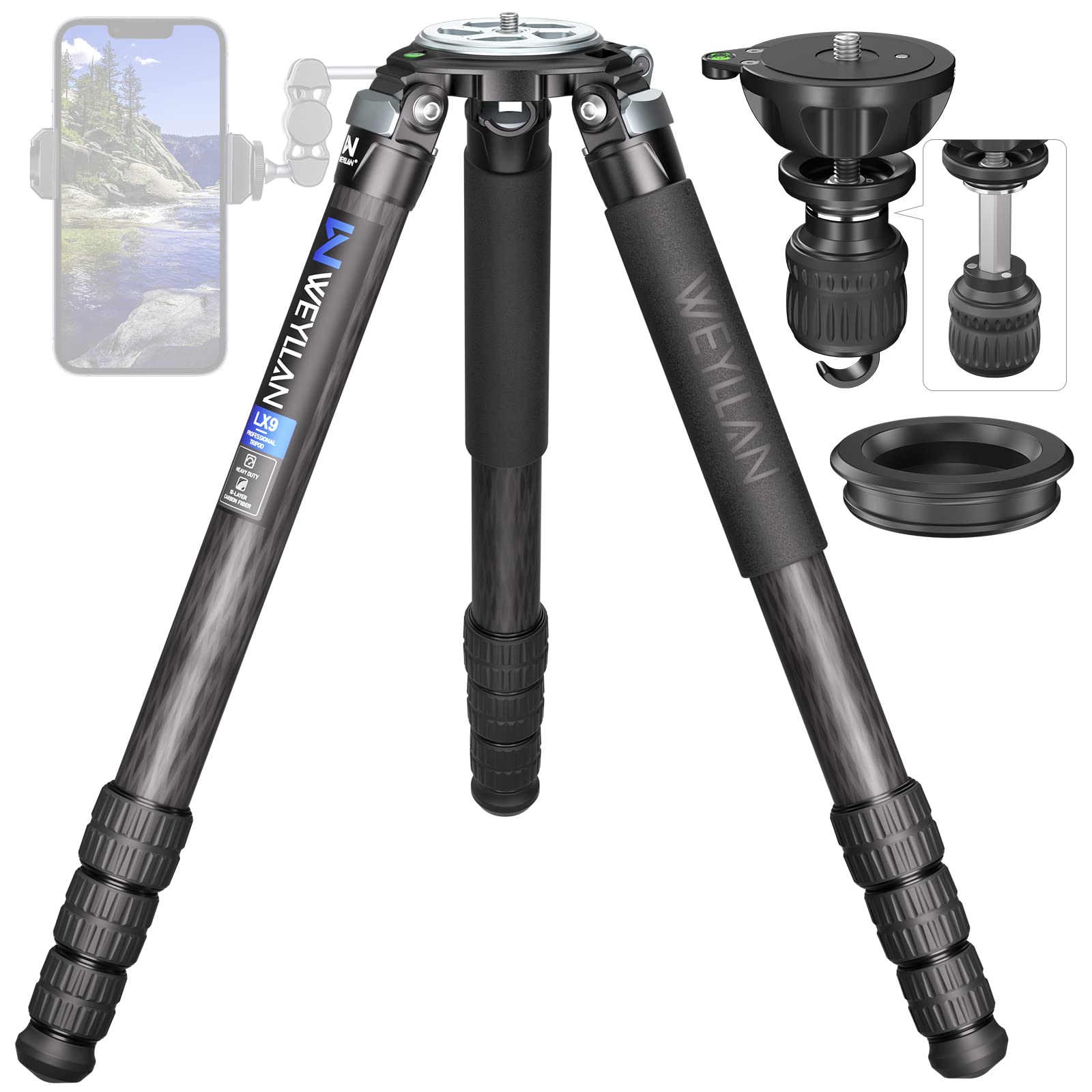 Carbon Fiber Tripod Weyllan Lx9 Heavy Duty Tripod For Camera, Professional Tripod With 75Mm Bowl And Adapter, 10 Layers Carbon F