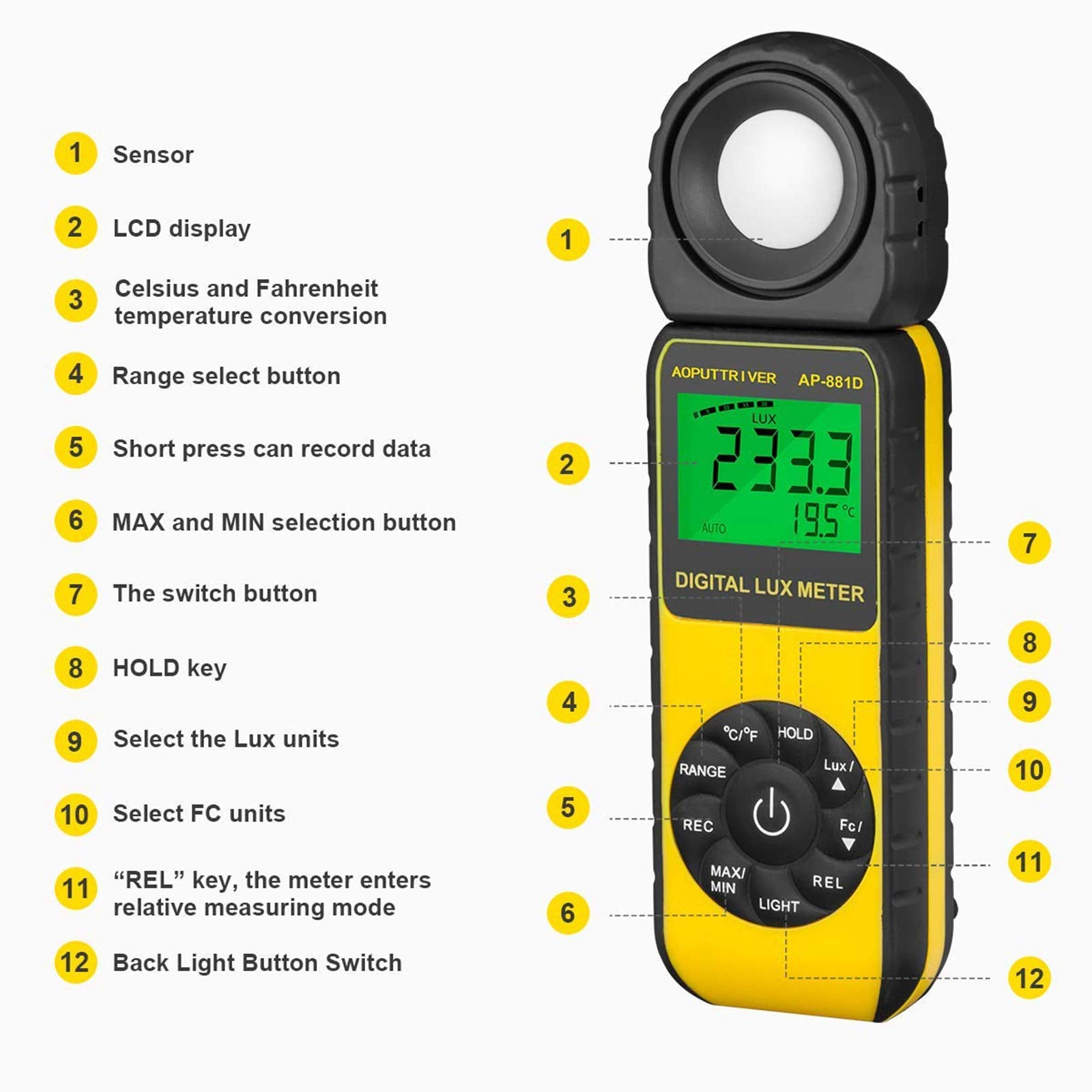 Light Meters, Ap 881D Lux Meter With Ambient Temperature(?/?)Measurer Light 0.01~400,000 Lux (0.01~40,000 Fc), Luxmeter With 270