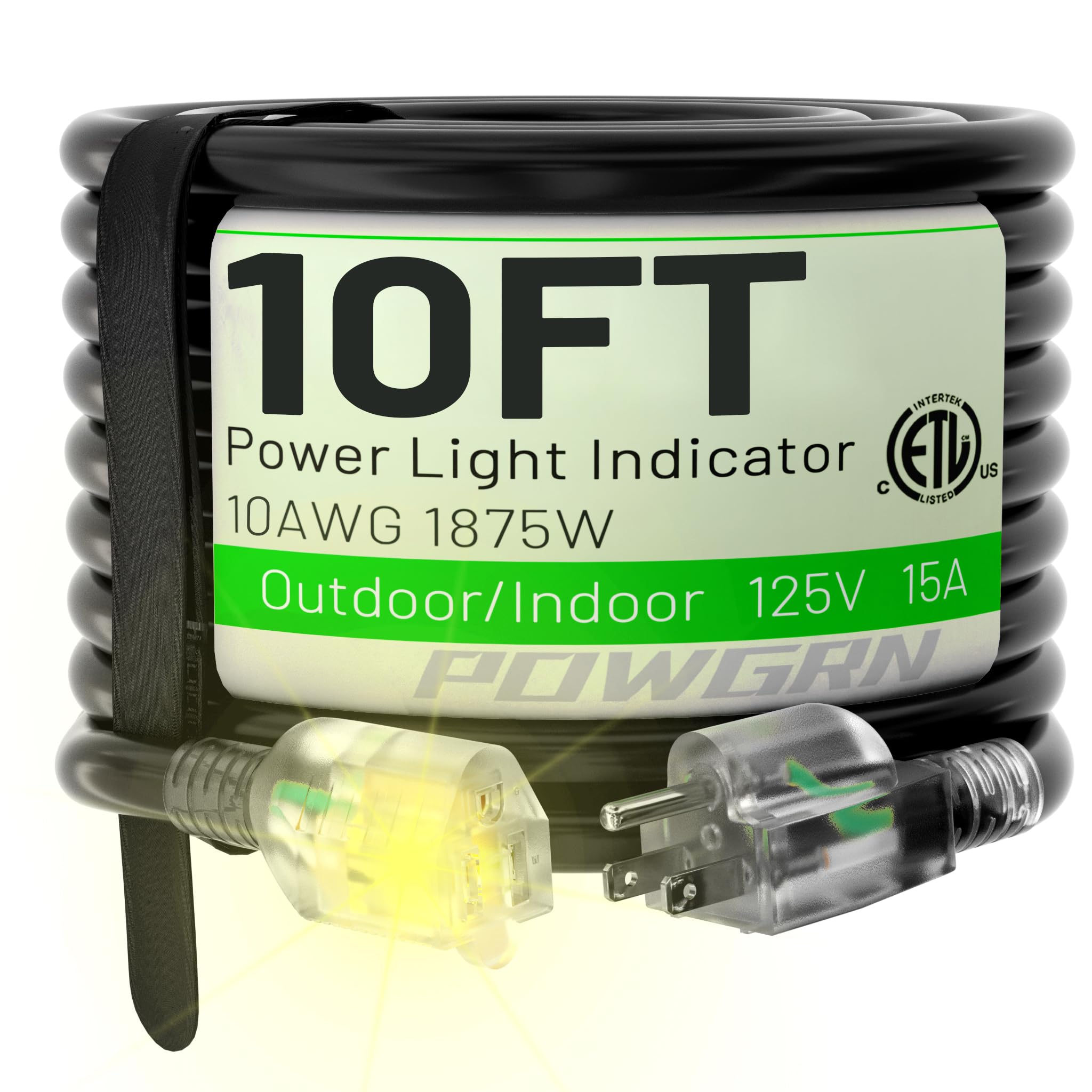 Powgrn 10 Ft 10/3 Black Outdoor Extension Cord Waterproof Heavy Duty 10 Gauge 3 Prong, Flexible Cold Resistant Power Cord Indoor