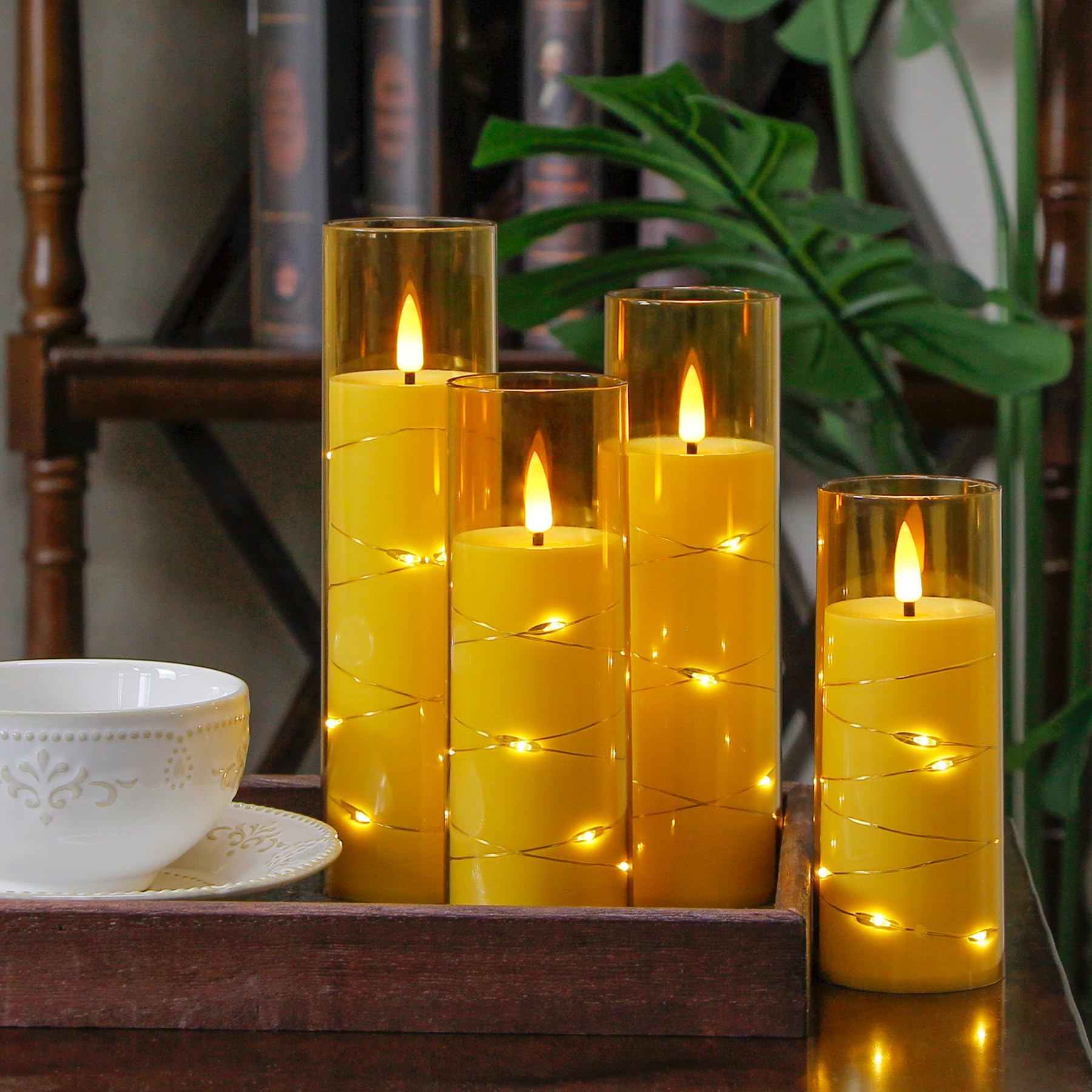 Yeelida Gold Flameless Candles With Remote And String Light, 2.2''X 5'',5'',6'',7'',7'',8'' Led Battery Operated Plastic Flicker