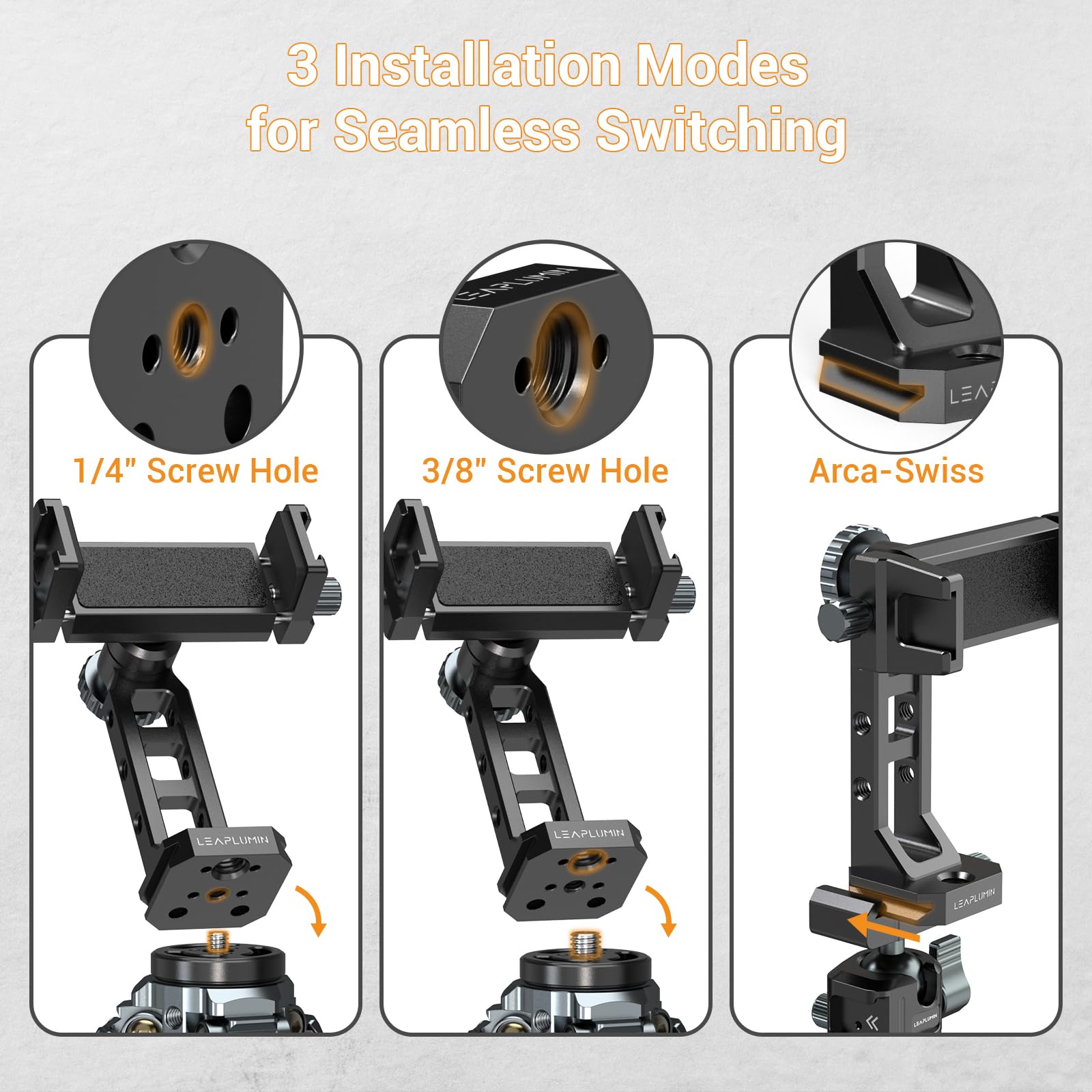 Leaplumin Metal Phone Mount For Tripod With 2 Cold Shoes & Arca Port,Phone Holder Stand With 4 * 1/4'' Screw Mount,Support Verti