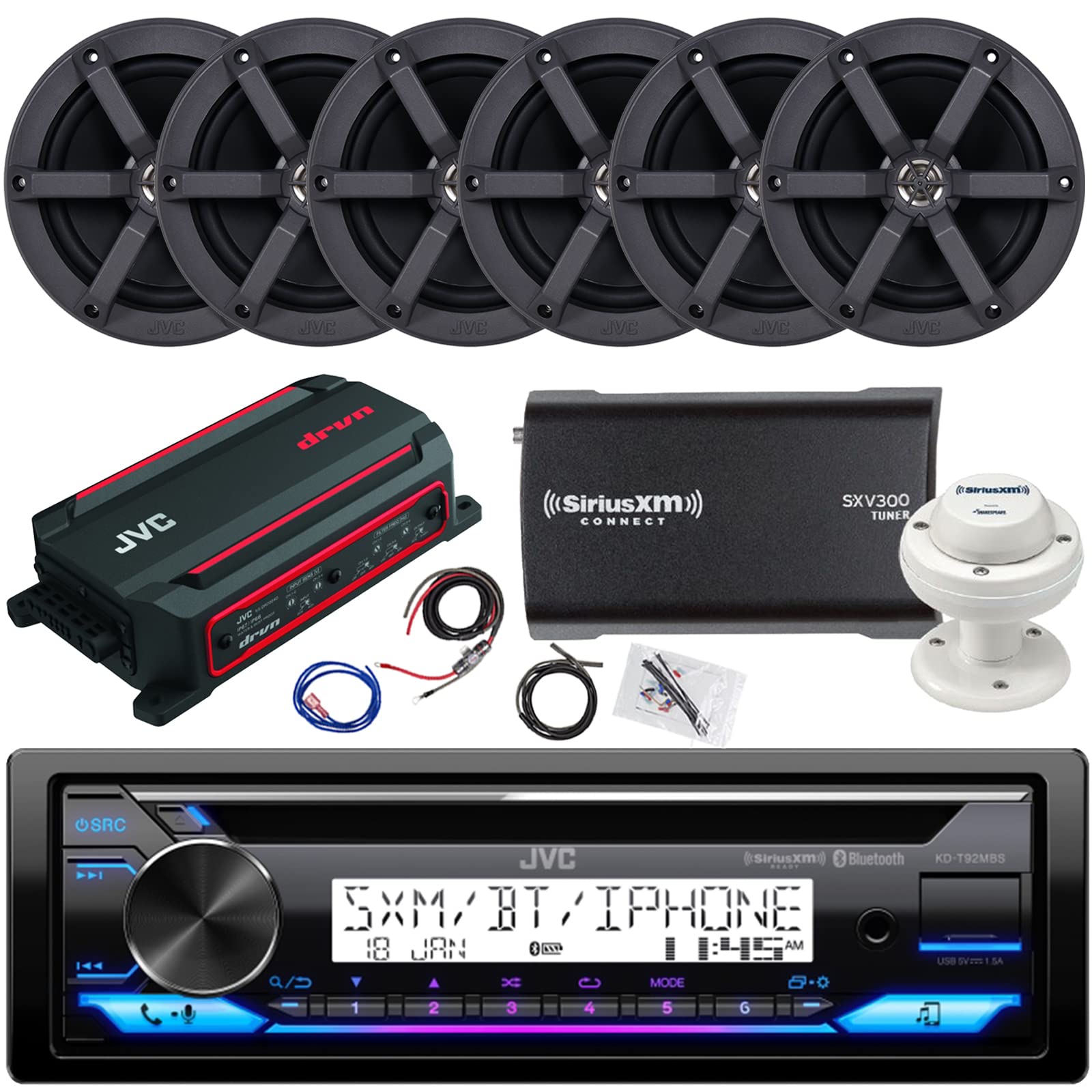 Jvc Single Din In-Dash Marine Bluetooth Usb/Aux Cd Stereo Receiver, 6X 6.5 100 Watt Peak Power Black Speakers, 600 Watt 4-Channe