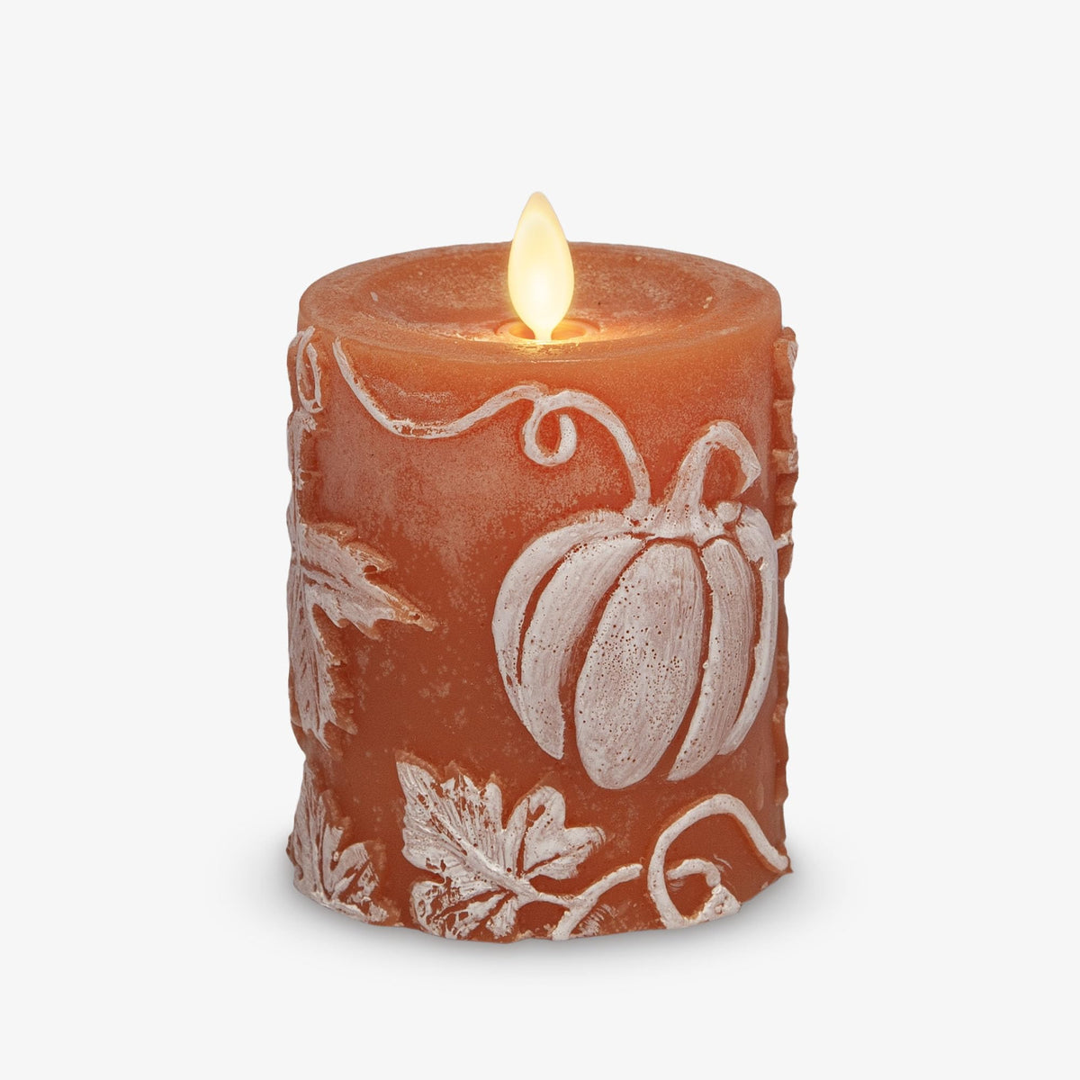 Luminara Embossed Leaves And Pumpkins Moving Flame Pillar Candle 3.25'' X 4.5'' With Recessed Edge Unscented Real Wax Led Batter