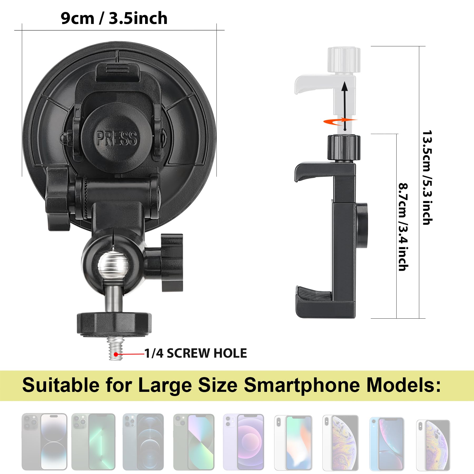 Heavy Duty F100Mm Suction Cup + Adjustable Dual Ball Head Action Camera Dash Cam Phone Car Mount Windscreen Window Cockpit Holde