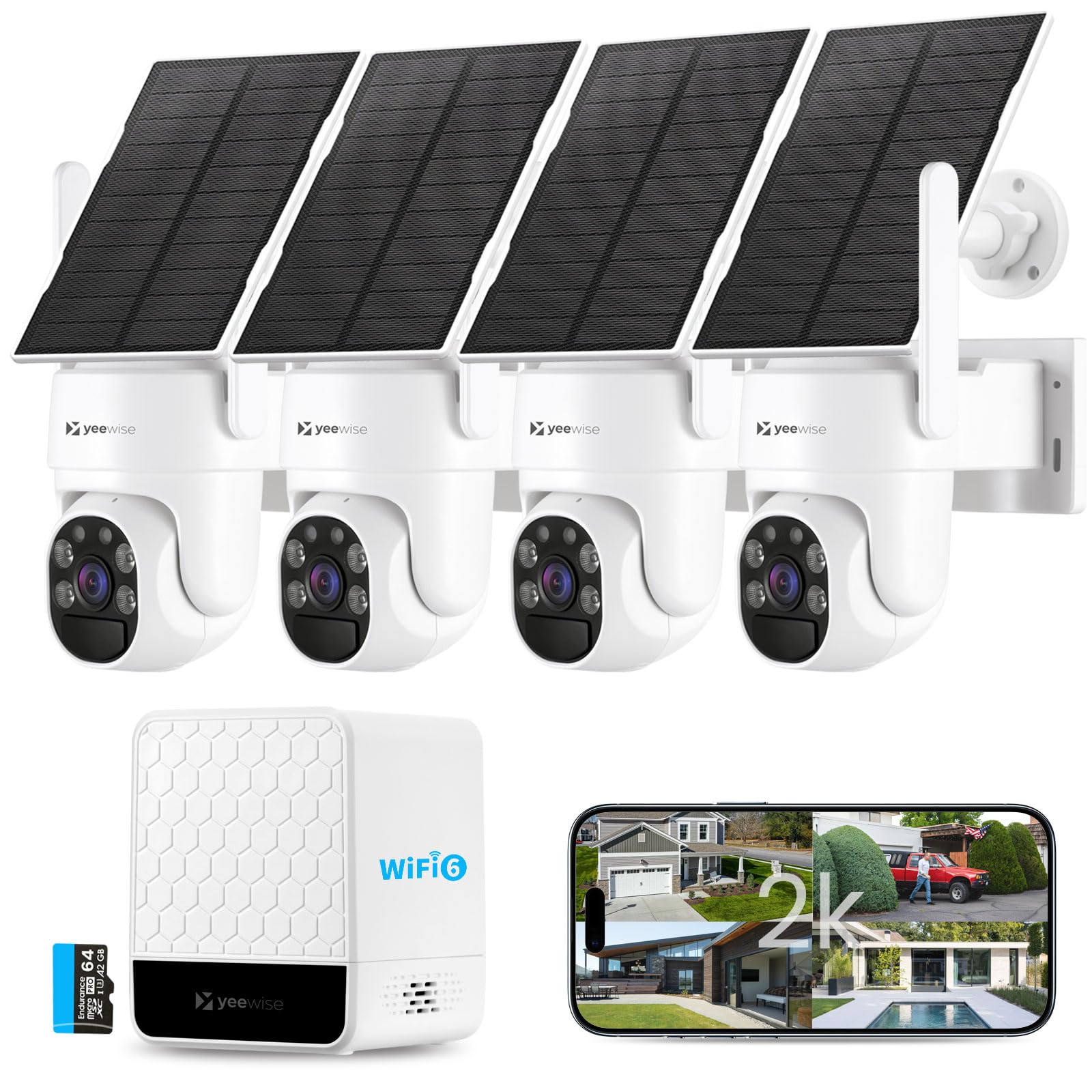 yeewise Solar Security Cameras Wireless Outdoor, 4 Cam-Kit, No Subscription, 4MP Home Security Cameras System with 360 Pan & Til