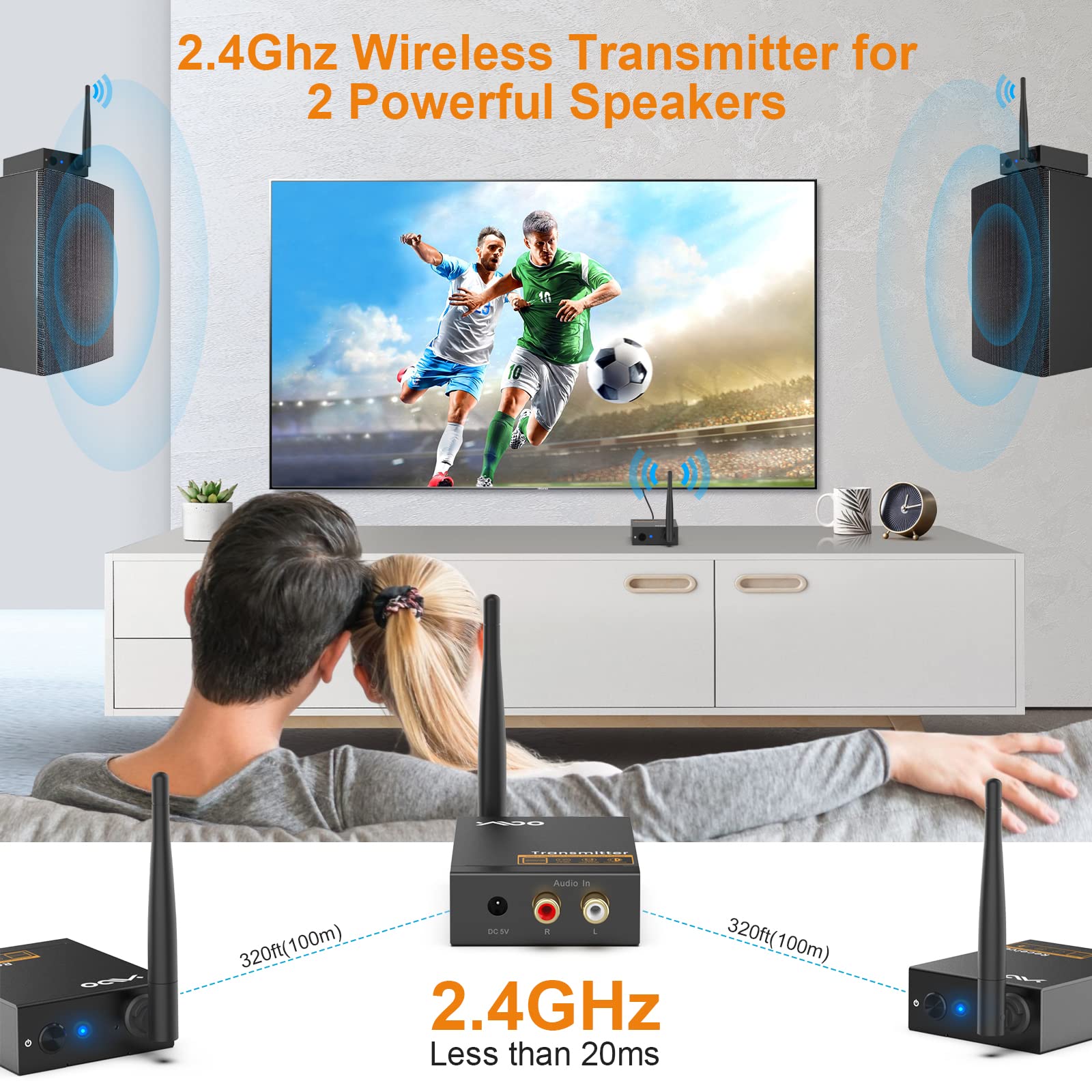 Ymoo 3 In 1 2.4Ghz Wireless Audio Transmitter And Receiver,2 Receivers For Two Speakers,20Ms Ultra Low Latency,48Khz/24Bit Hifi,
