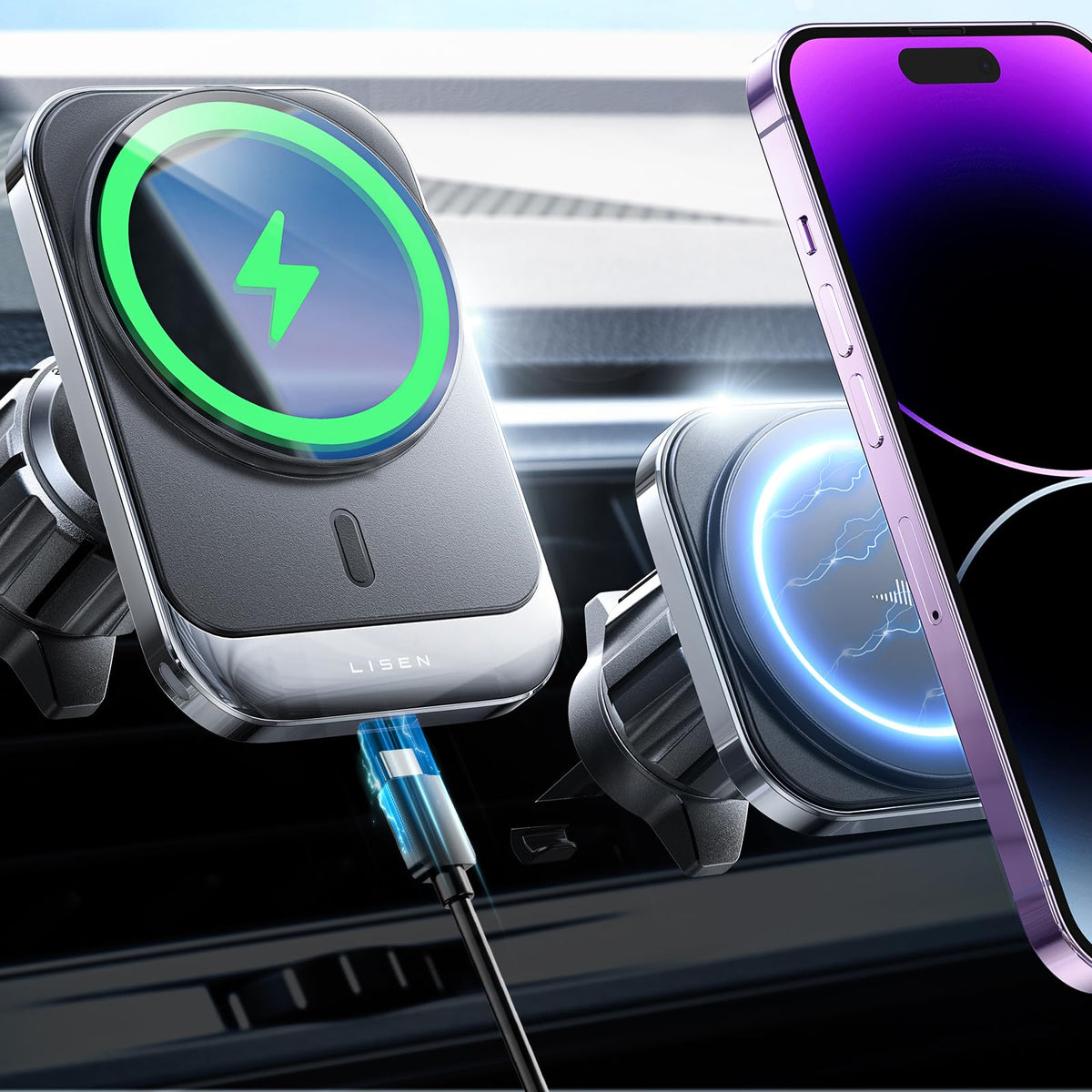 Lisen For Magsafe Car Mount Charger For Iphone 15, 15W Wireless Charger For Iphone Car Accessories Magnetic Phone Holder Mount,