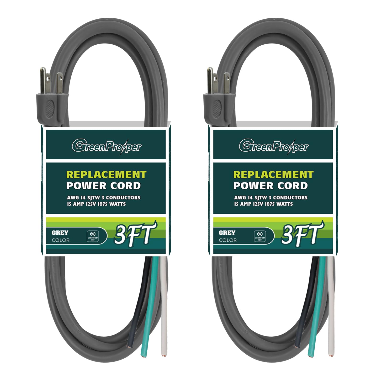 Greenprosper Industries Inc 3 Wire Appliance And Power Tool Cord, 3 Ft, 14 Awg, 15A/125V Ac, 1875W, Grey, 2Pack