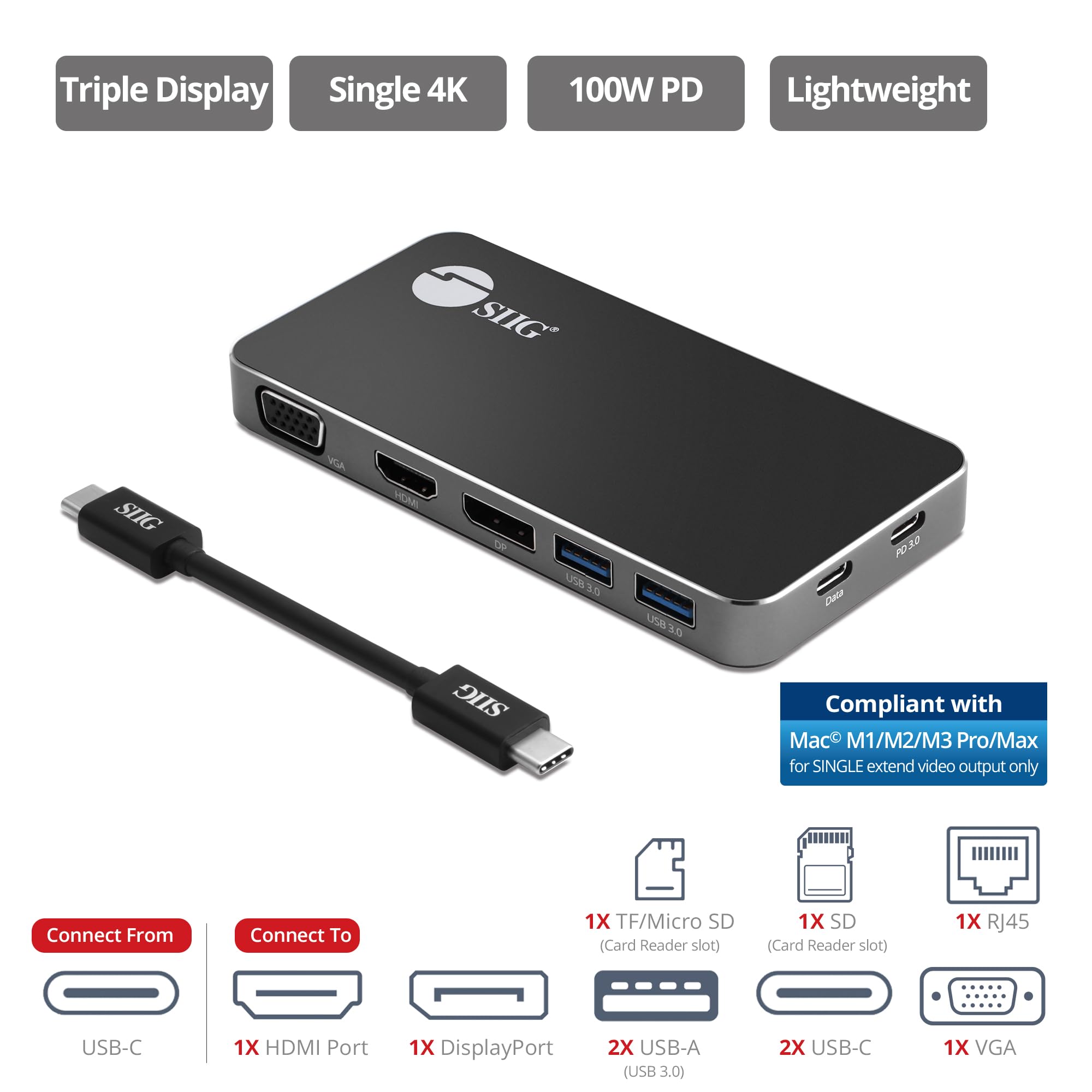 Siig 4K Usb-C Mst Laptop Docking Station Thunderbolt 3 Compatible With 100W Pd Supports Windows & Chromebooks, Mac M1/M2/M3 Pro/