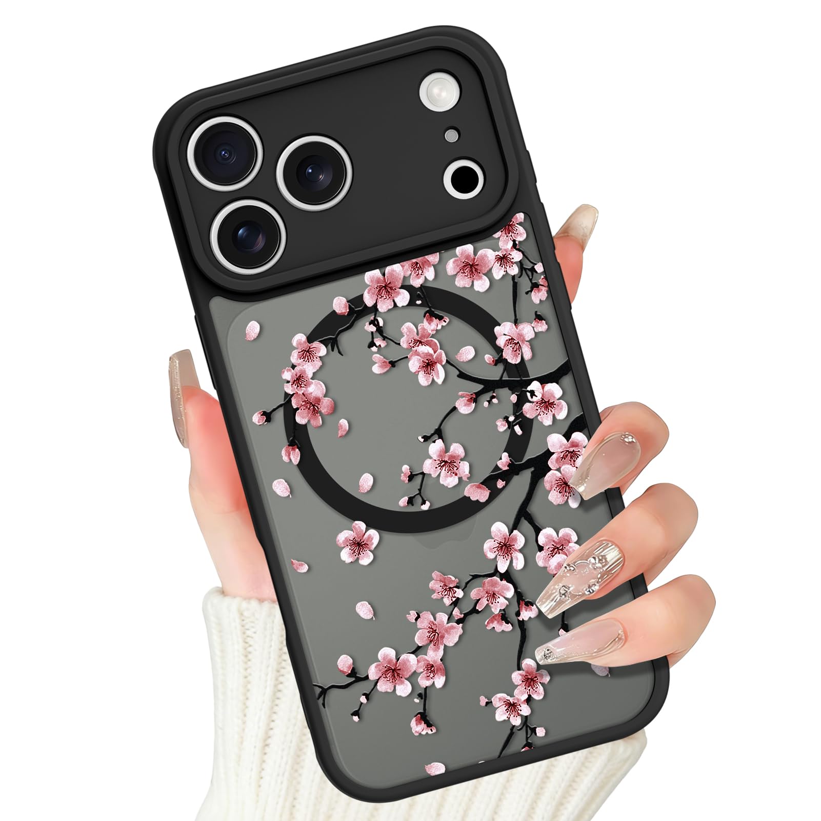 ZIYE Magnetic Case for iPhone 17 Pro Max [Compatible with MagSafe] Cherry Blossom Pattern Translucent Matte Cover for Women Girl