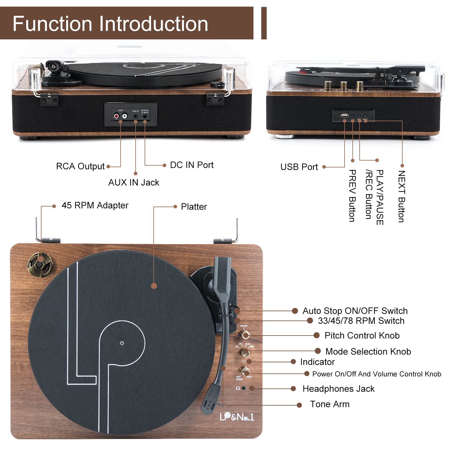 Lp&No.1 Record Player With Stereo Speakers, 3 Speed Belt Drive Turntable For Vinyl Records With Wireless Playback And Auto Stop,