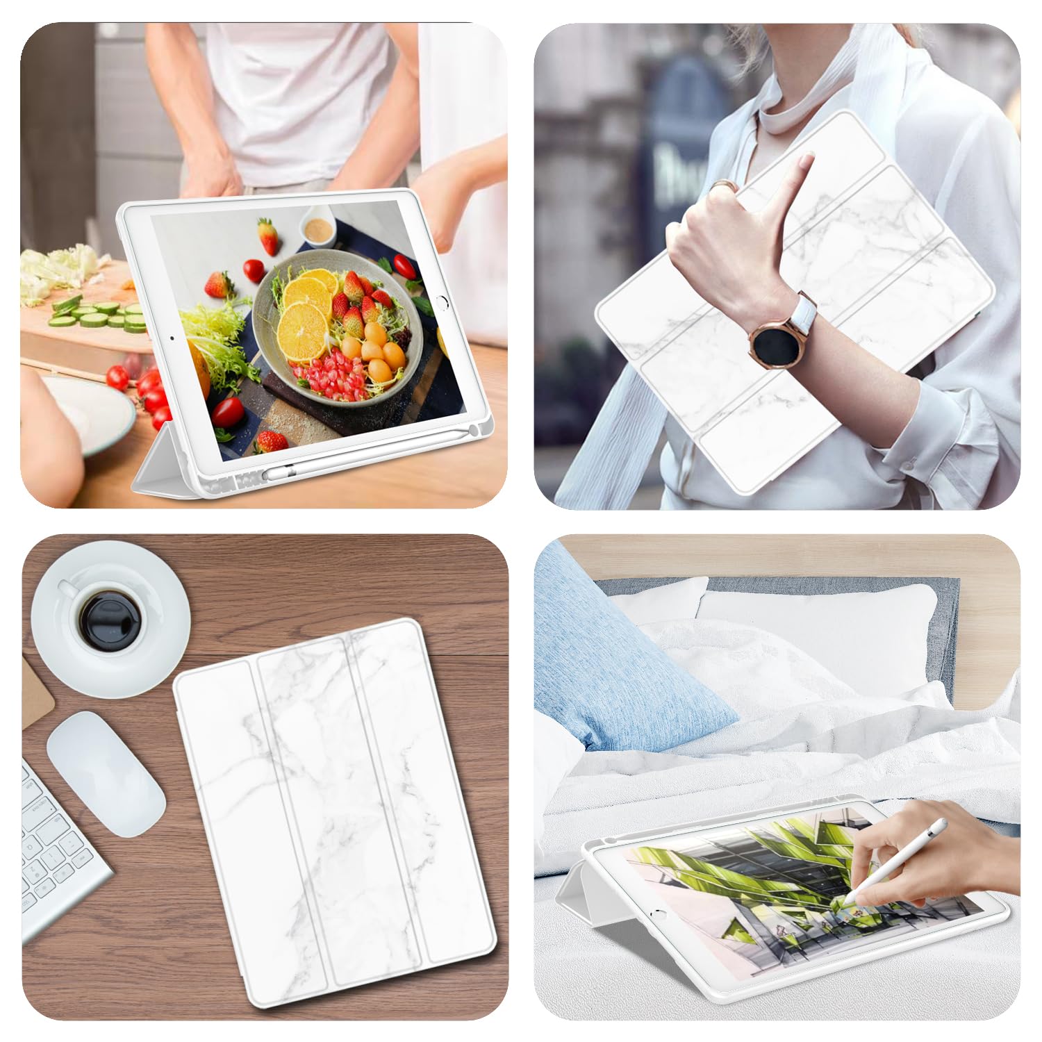 Imieet Ipad 9Th Generation Case 2021/Ipad 8Th Generation Case 2020 10.2 Inch With Pencil Holder, Ipad 7Th Gen 2019 Case With Soft Baby Skin Silicone Back, Auto Wake/Sleep Cover (Marble White)