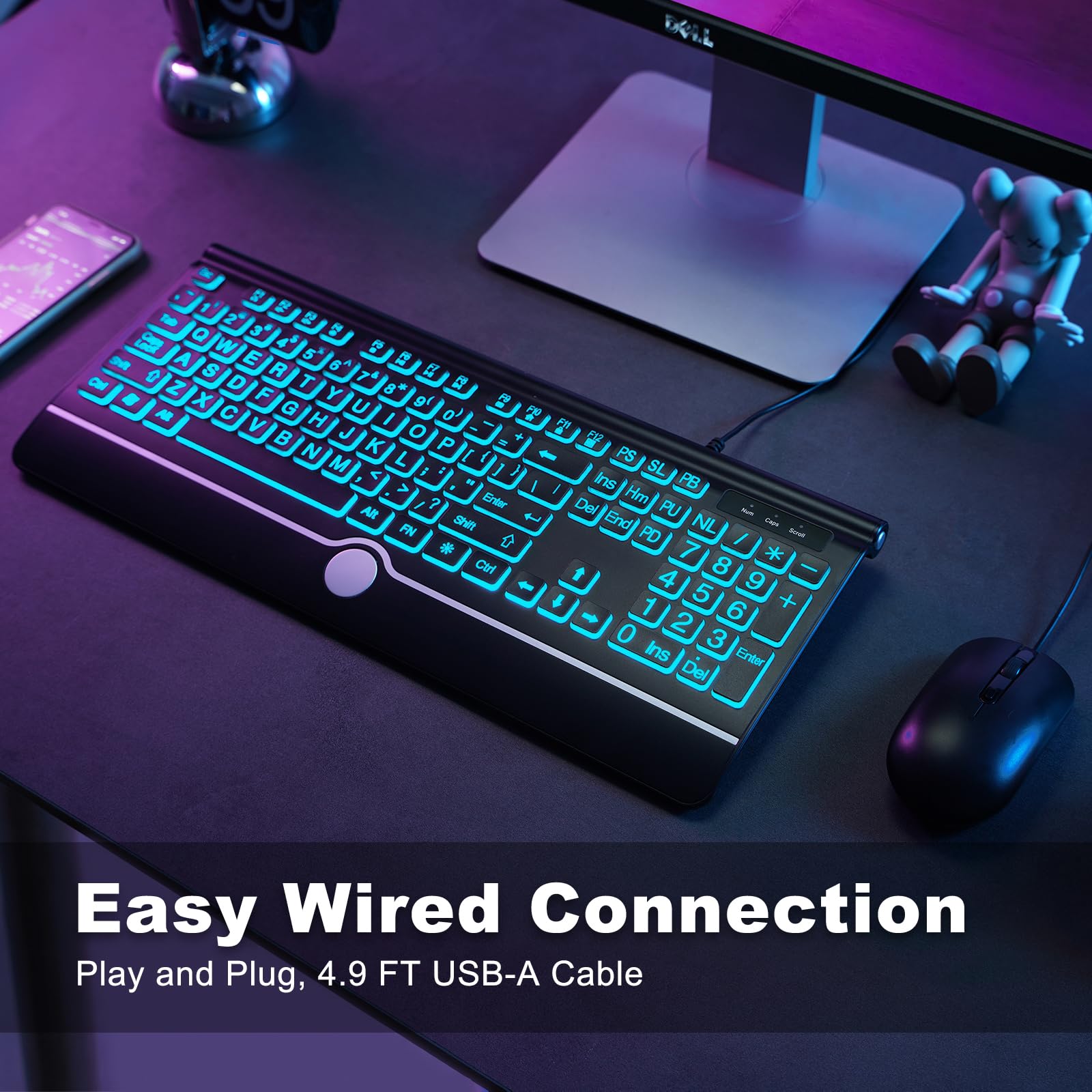 Large Print Backlit Computer Keyboard, 7 Color Backlit Keyboard With Wrist Rest, Usb Plug And Play, Oversize Letters Keys Easy T