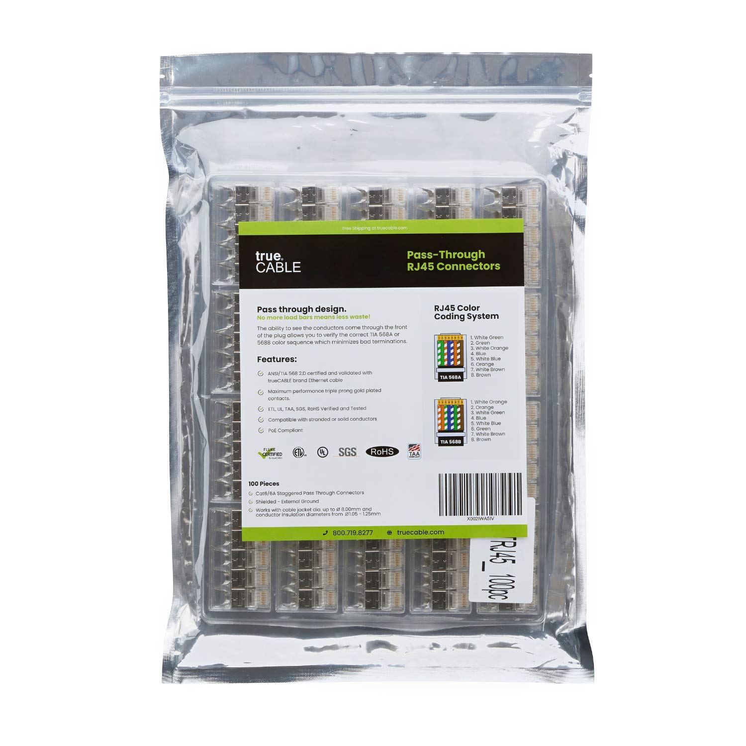 Truecable Cat6/6A Rj45 Pass Through Modular Plugs, Shielded (Stp) External Ground Connector, Ul Listed, Ez Crimp, Gold Plated 3 Prong 8P8C, 100 Pieces