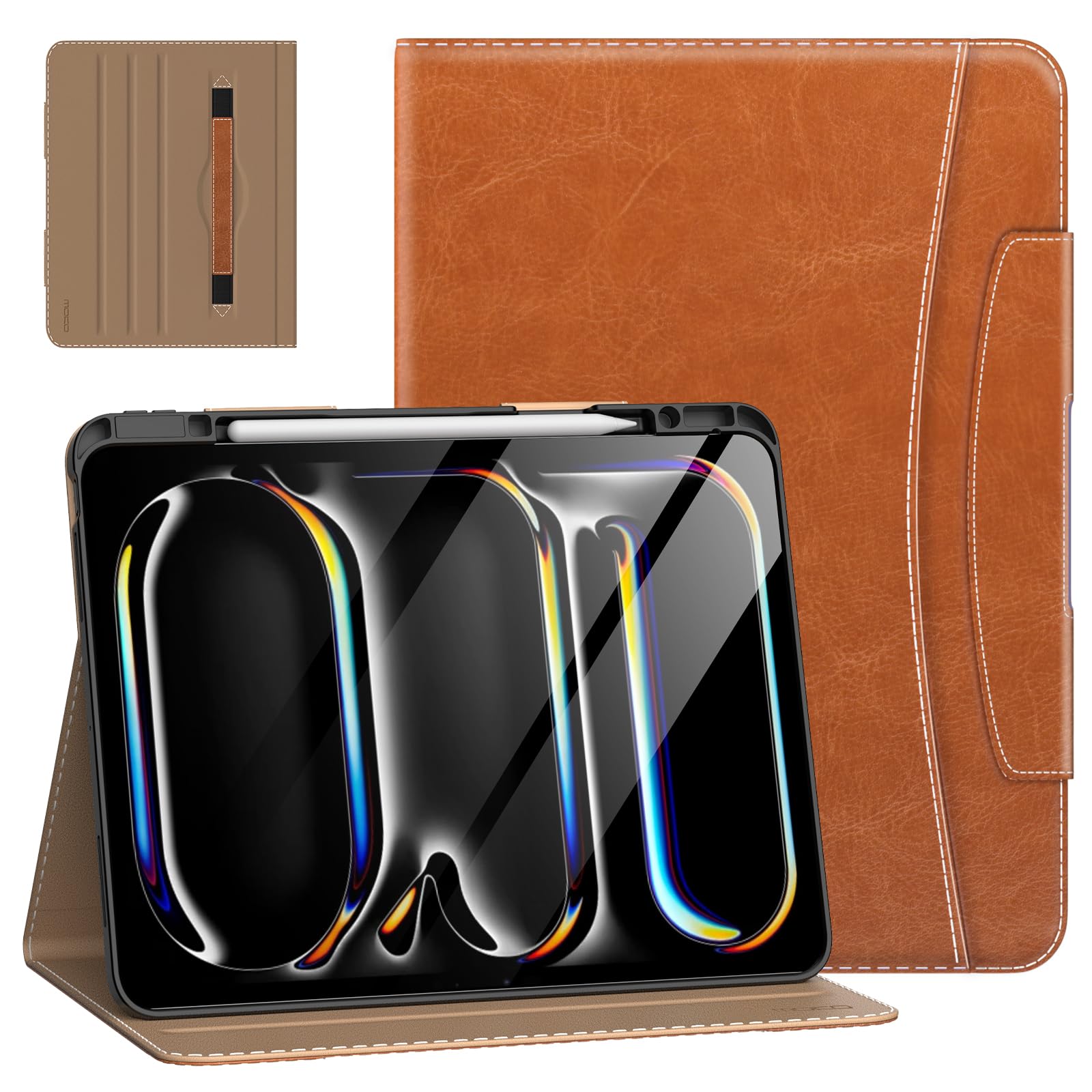 MoKo for iPad Pro 13 Inch Case 2024 (M4) with Pencil Holder & Pocket, Built in Hand Strap, Multi Angle Viewing, Premium PU Leather Folio Cover for iPad Pro 13 2024, Brown