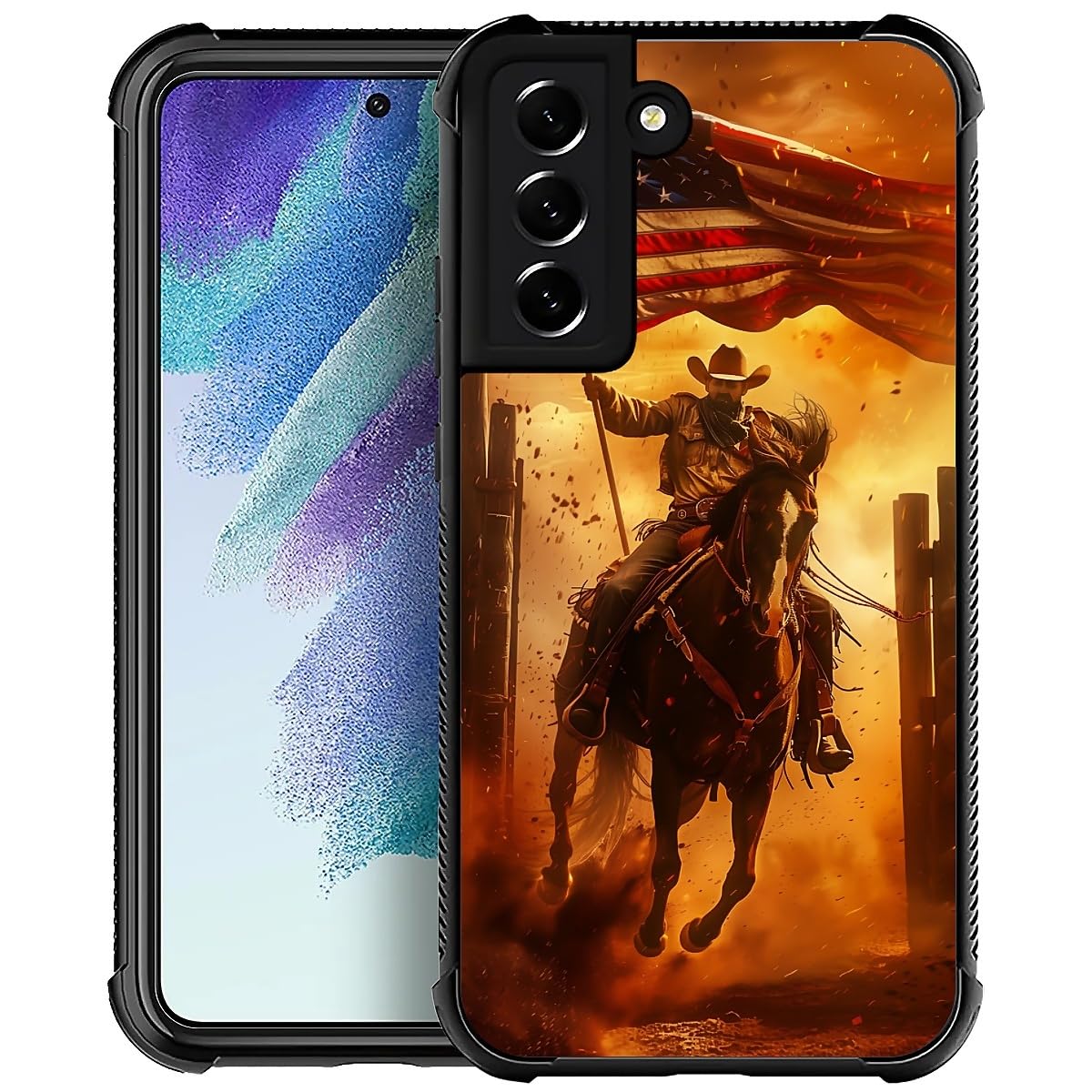 Carloca Compatible With Samsung Galaxy S22 Plus Case, Horse American Flag Cowboy Pattern For Girl Ultra Protection Shockproof So