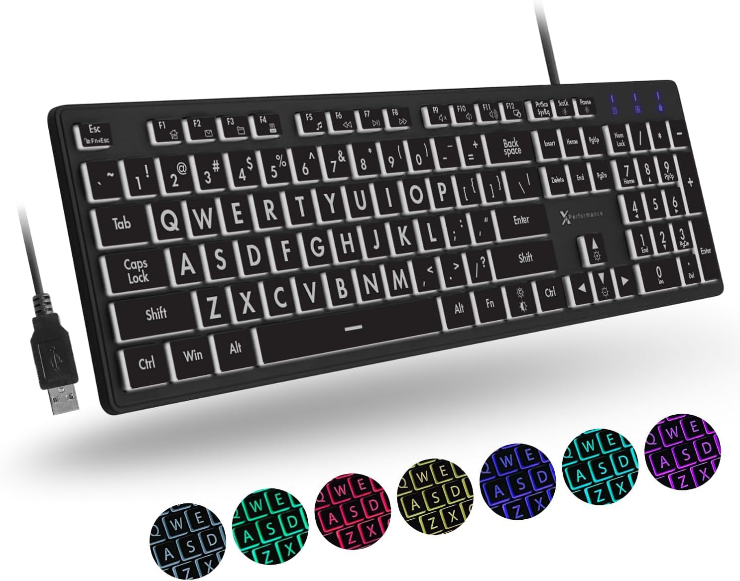 Large Print Backlit Keyboard Wired   Easy To See And Type   Light Up Keyboard For Seniors, Elderly, Kids   Usb Lighted Keyboard, 7 Backlight Colors, Oversize Letters   Easy View Pc, Computer Keyboards