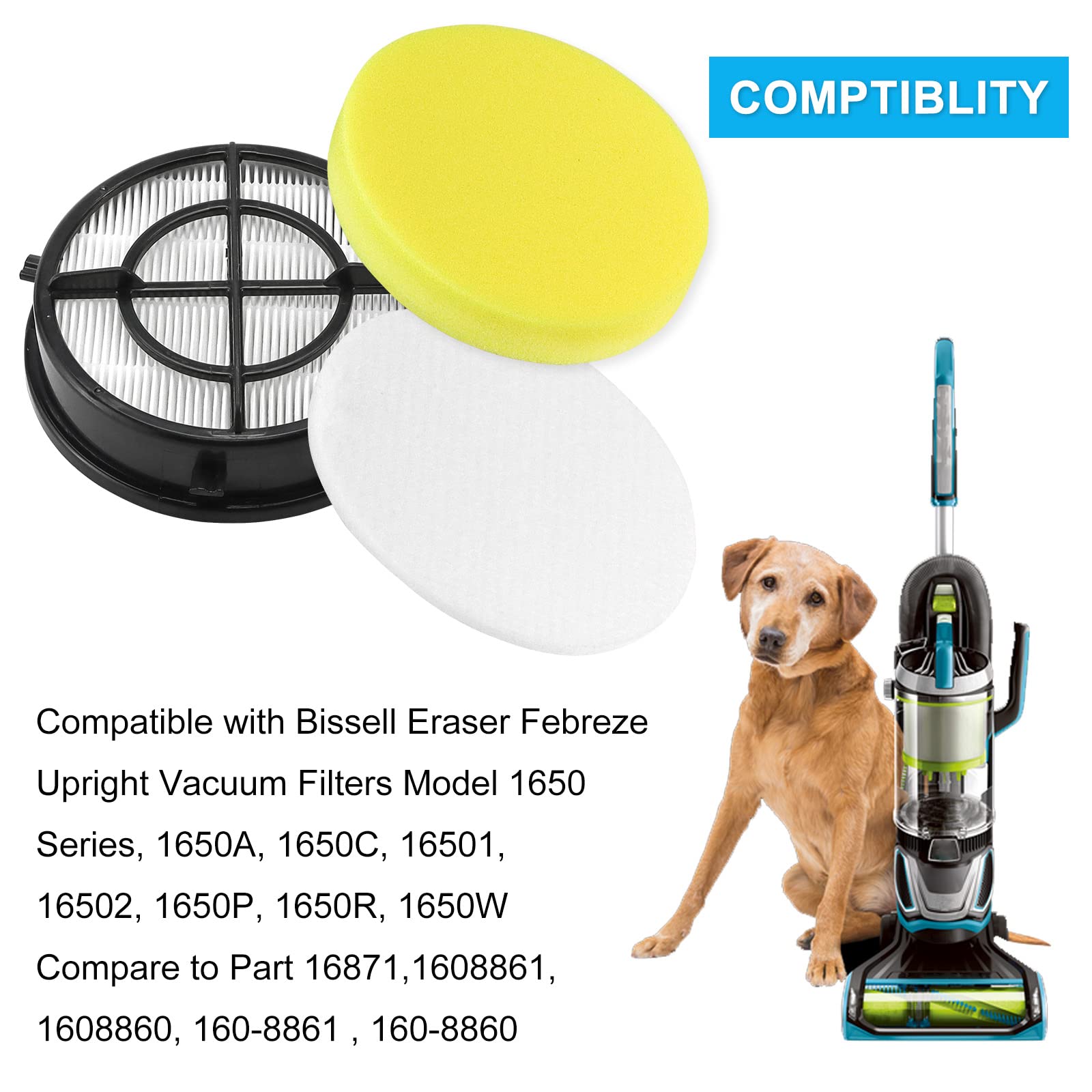 1650 16871 Febreze Vacuum Filter Compatible With Bissell Pet Hair Eraser Upright Vacuum Replacement Model 1650 Series, 1650A, 16