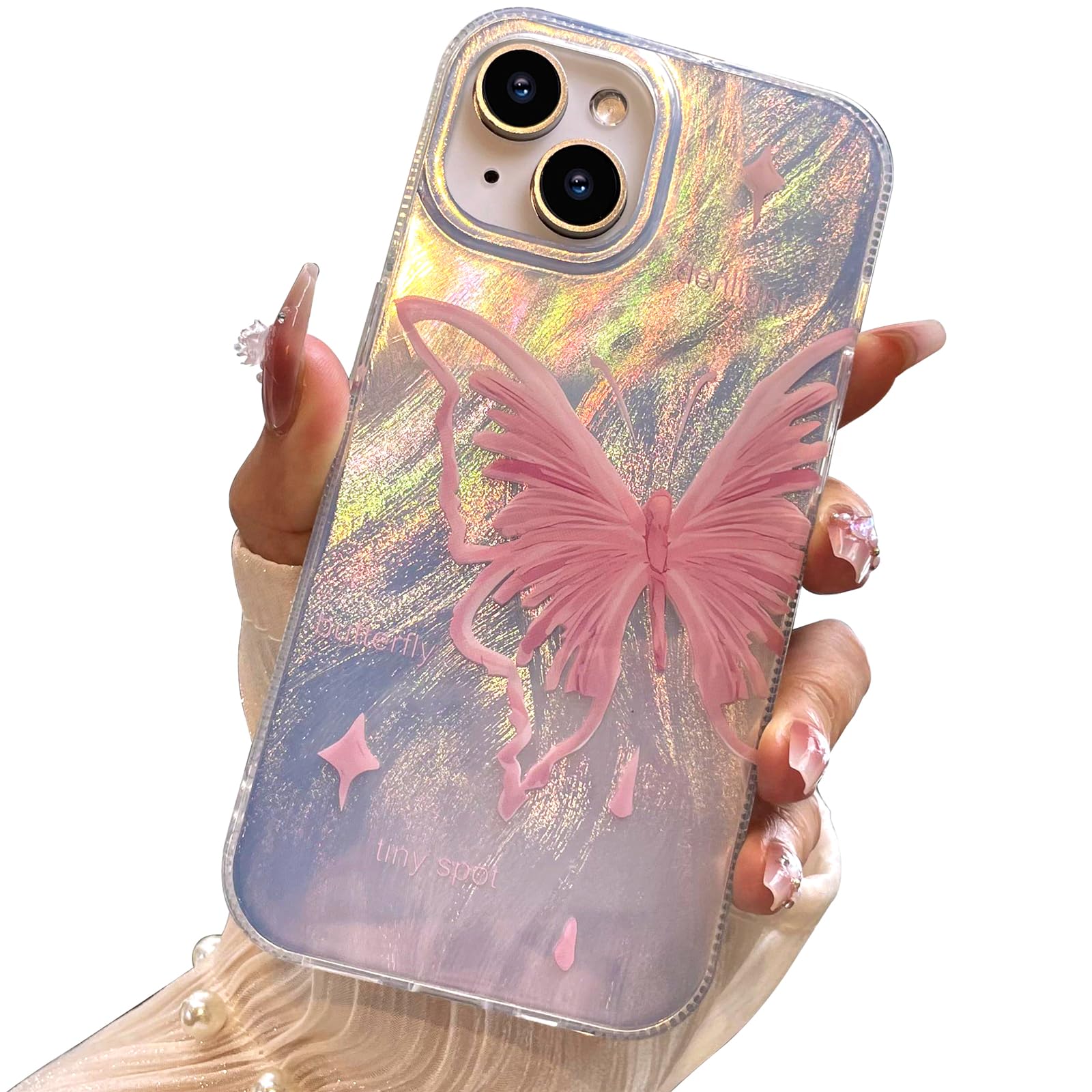 I Mgae In Ar Compact Case For Iphone 15 Pale Pink Butterfly Design,Cute Trendy Soft Slim Tpu Shockproof Protective Phone Cases C