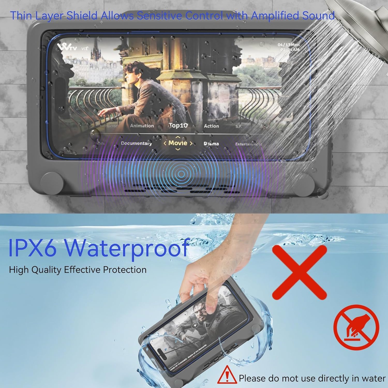 Shower Phone Holder Waterproof - 360 Rotatble Adjustable Shower Iphone Case Holder, Enhanced Touch Sensitivity & Stability, Bath