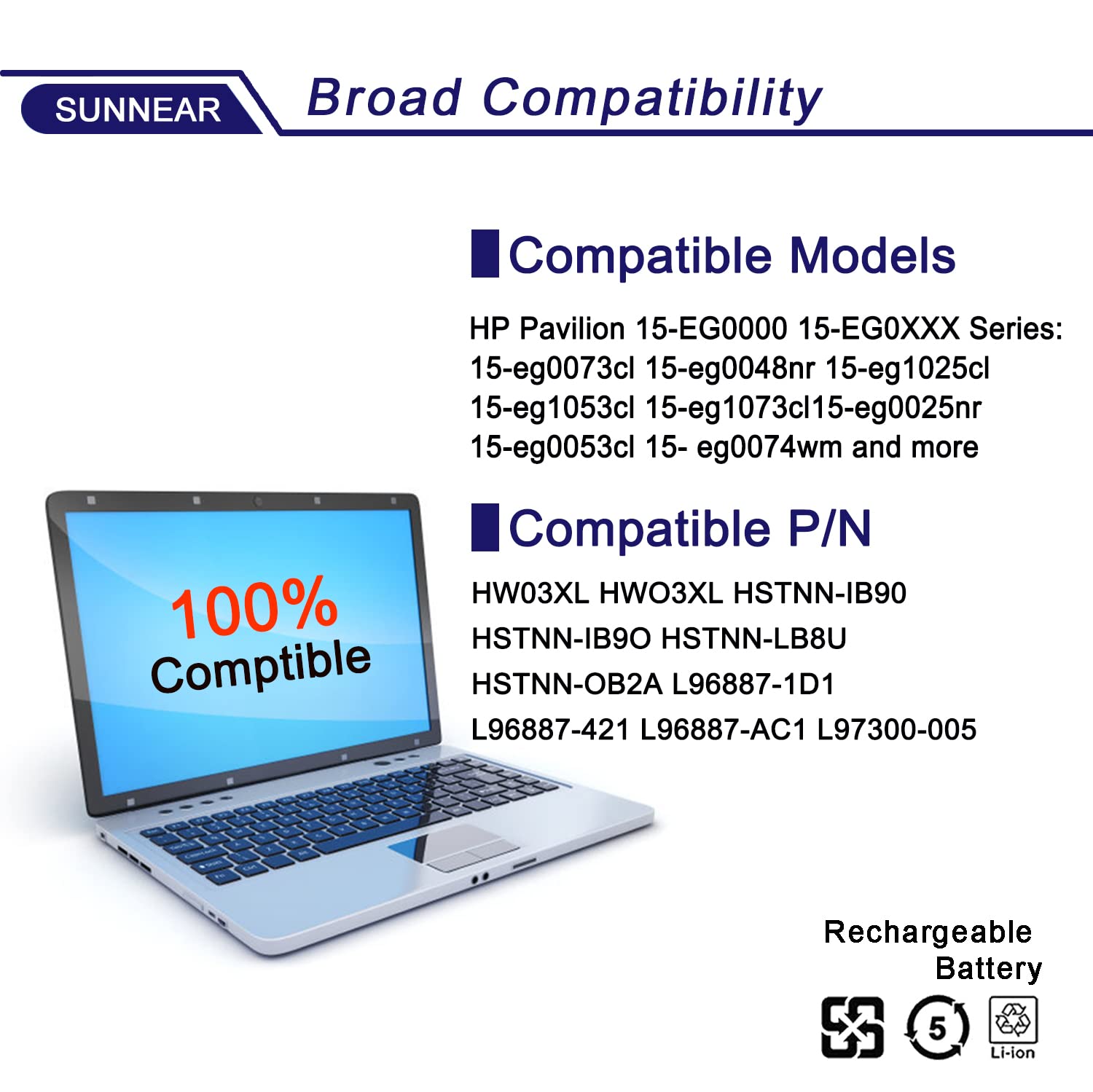 Sunnear Hw03Xl Laptop Battery Replacement For Hp Pavilion 15 Eg 15 Eg0073Cl 15 Eg0048Nr 15 Eg1025Cl 15 Eg1053Cl 15 Eg1073Cl 15 E