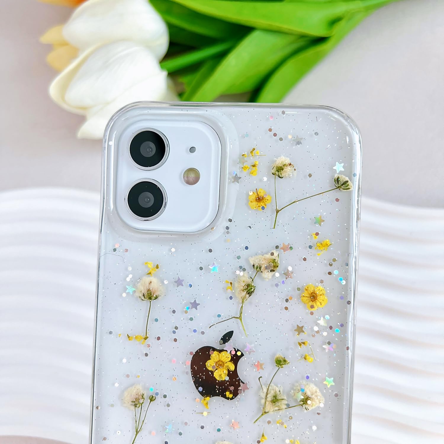 Lseeka For Iphone 12/12 Pro Clear Case With Pressed Real Flowers Design,Glitter Cute Yellow Floral Pattern Slim Soft Tpu Protect