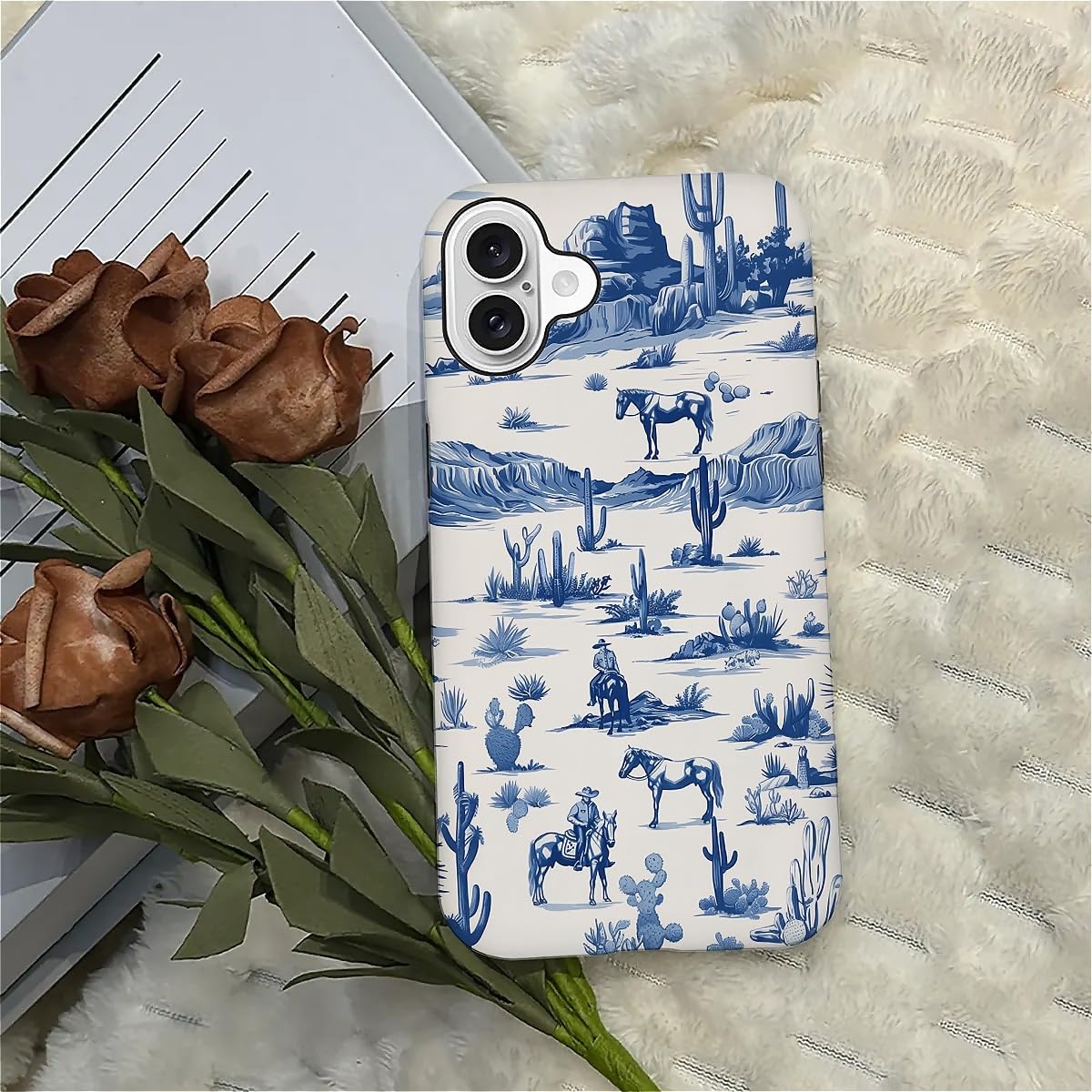Fkbrcl4U For Iphone 16 Case, Hybrid 2-Layer Silicone Protective Matte Case For Girl Women Western Cowboy Horse Cow Desert Cacti