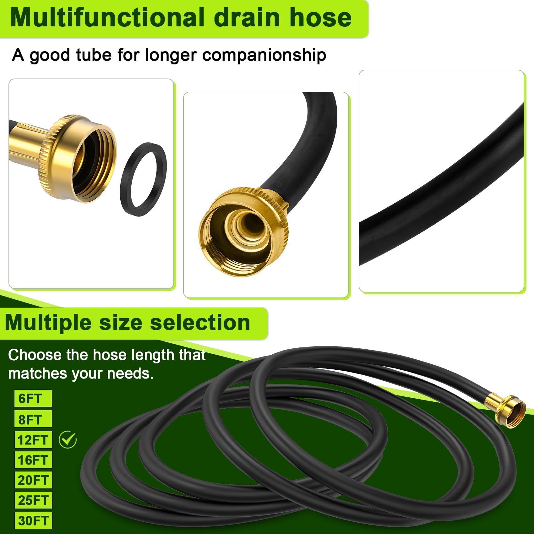 12Ft Dehumidifier Drain Hose With 3/4 Inch Fht Connector, Featuring Rust Resistant Brass Fittings For Leak Proof Connection, Per