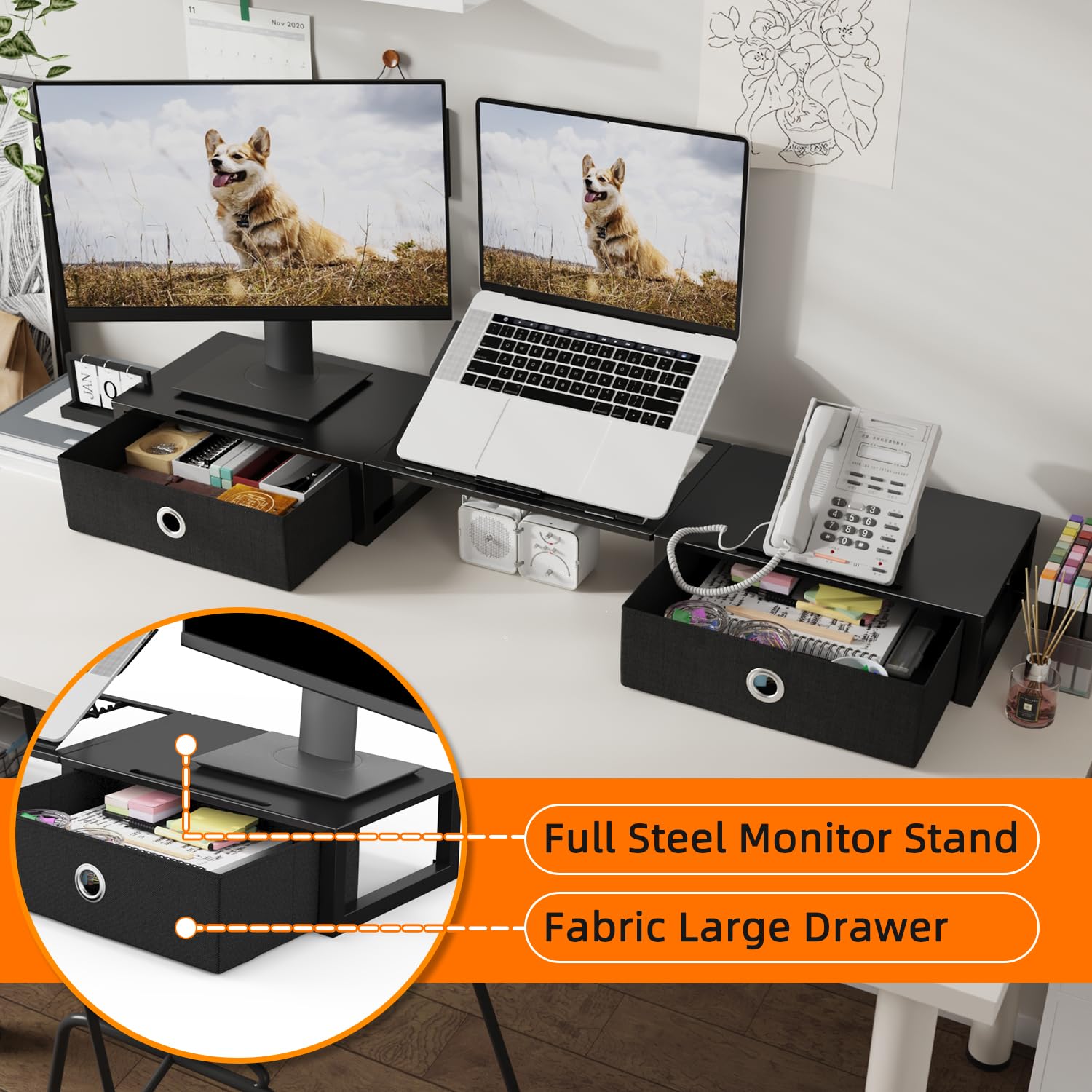 Westree Monitor Stand Riser With Adjustable Laptop Stand Riser, Steel Frame Dual Monitor Stand With Two Drawers For 2 Monitors,