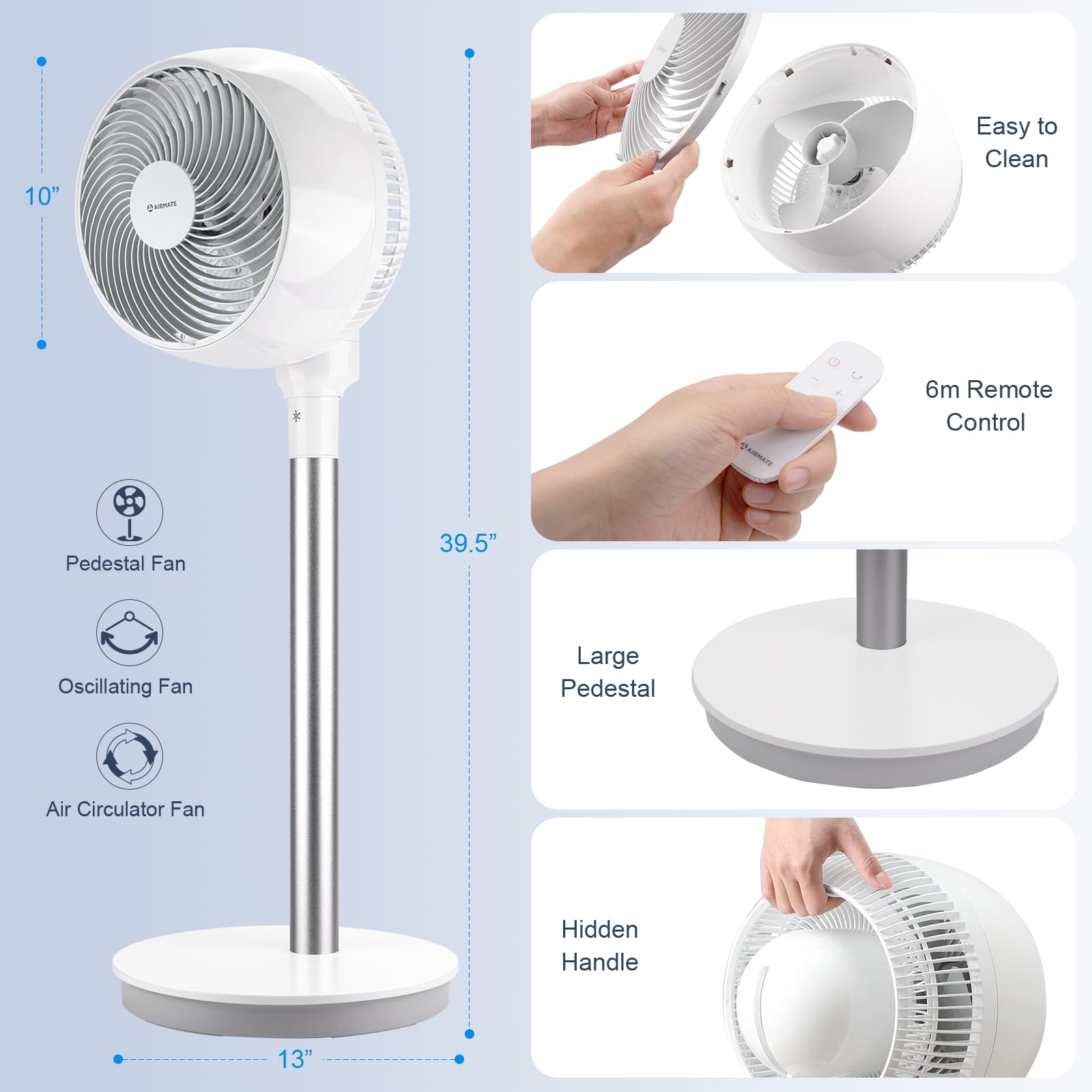 Airmate Air Circulator Fan With Remote,Oscillating Fans For Indoors Turbo Silence, Pedestal Fan, Quiet Cooling Fan With 4 Modes