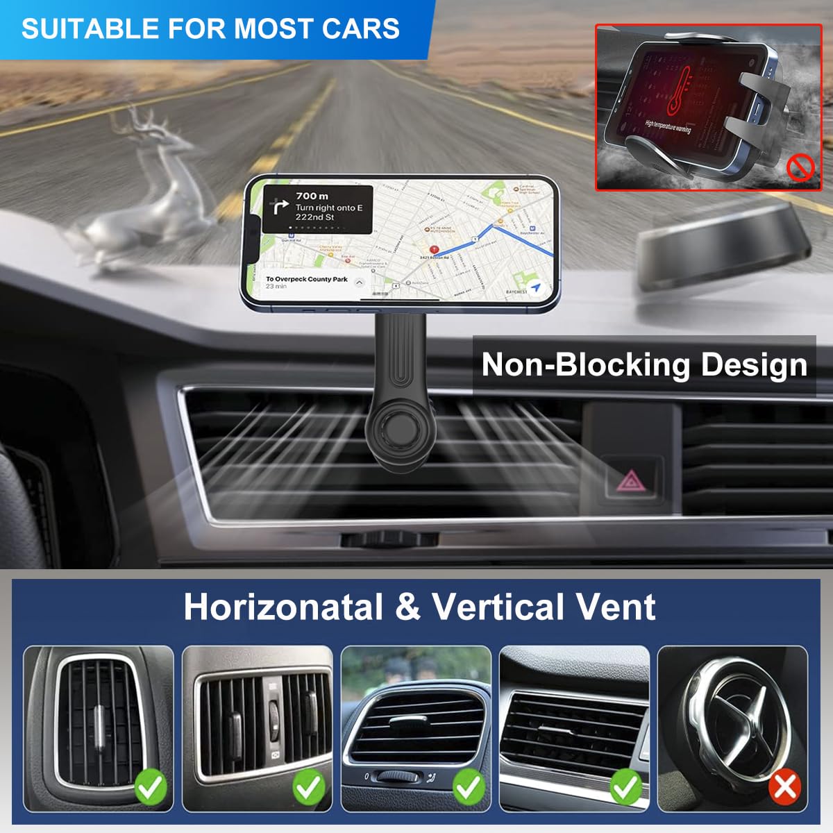 Car Phone Holder For Socket Mount, Air Vent Car Phone Holder For Pop Grip [Never Blocking] Ac Vent Clip Phone Mount 360 Adjustab
