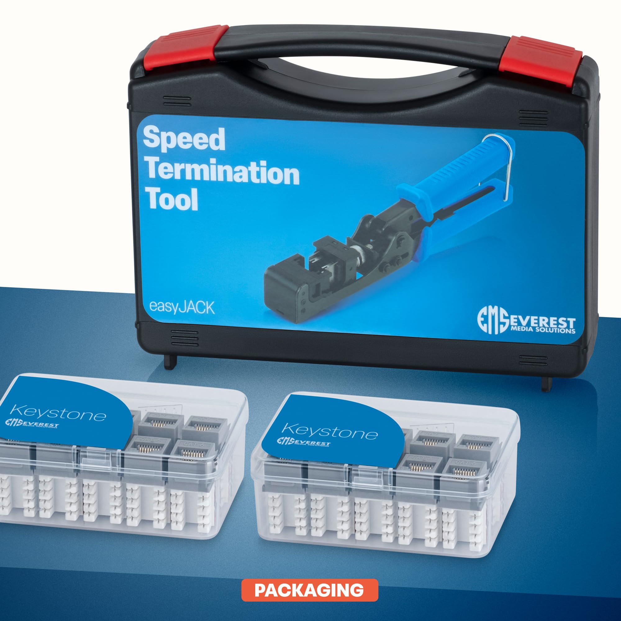 Everest Media Solutions Easyjack   90 Angled Speed Termination Tool   With 20 Pack Of 90 Angled Cat6/5E Keystone Jacks In Gray C