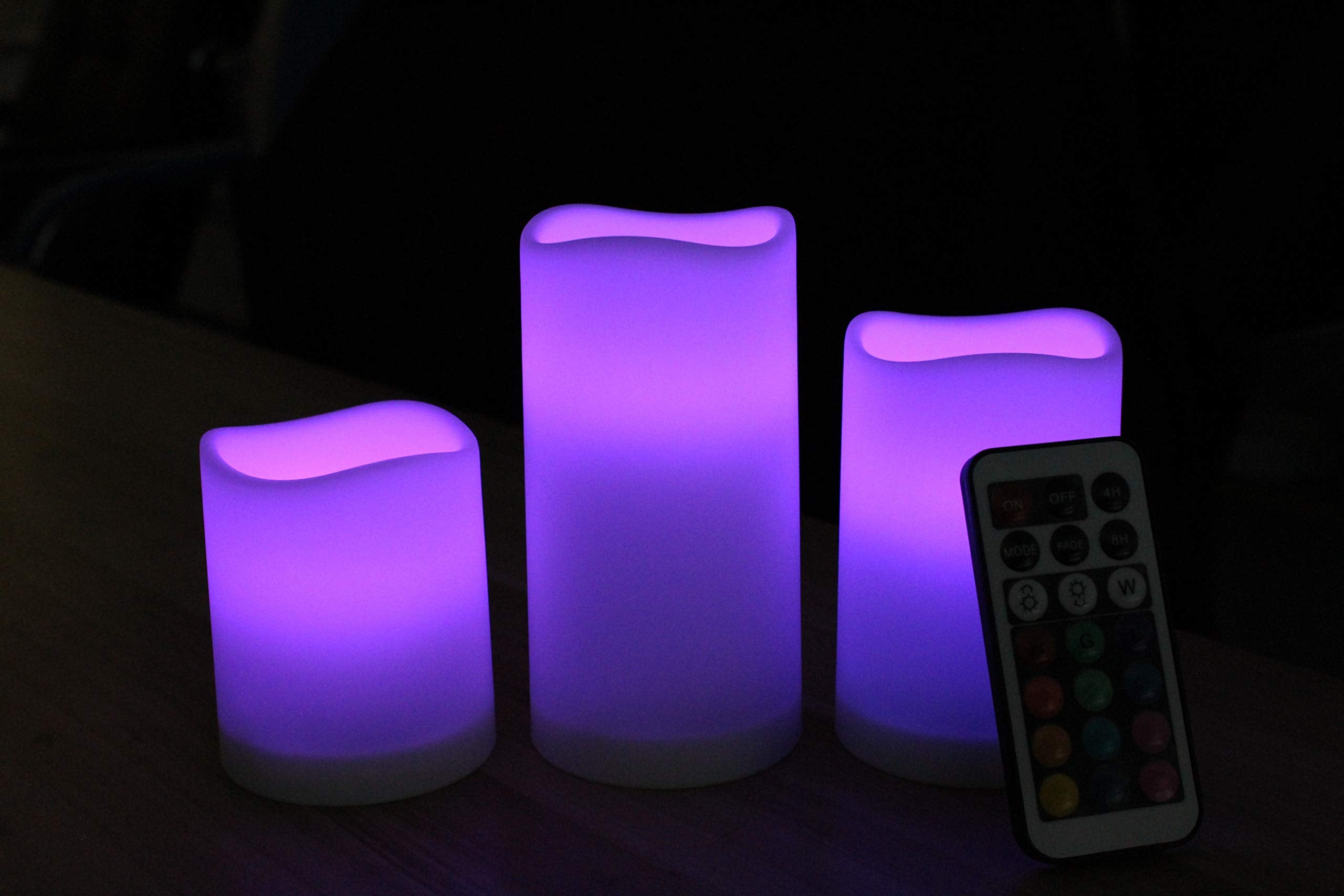 WRalwaysLX Flameless Color Changing LED Candles Set of 3, 2.5" D x H3"/4"/5", Remote Control, Battery Operated, Multicolor Decor