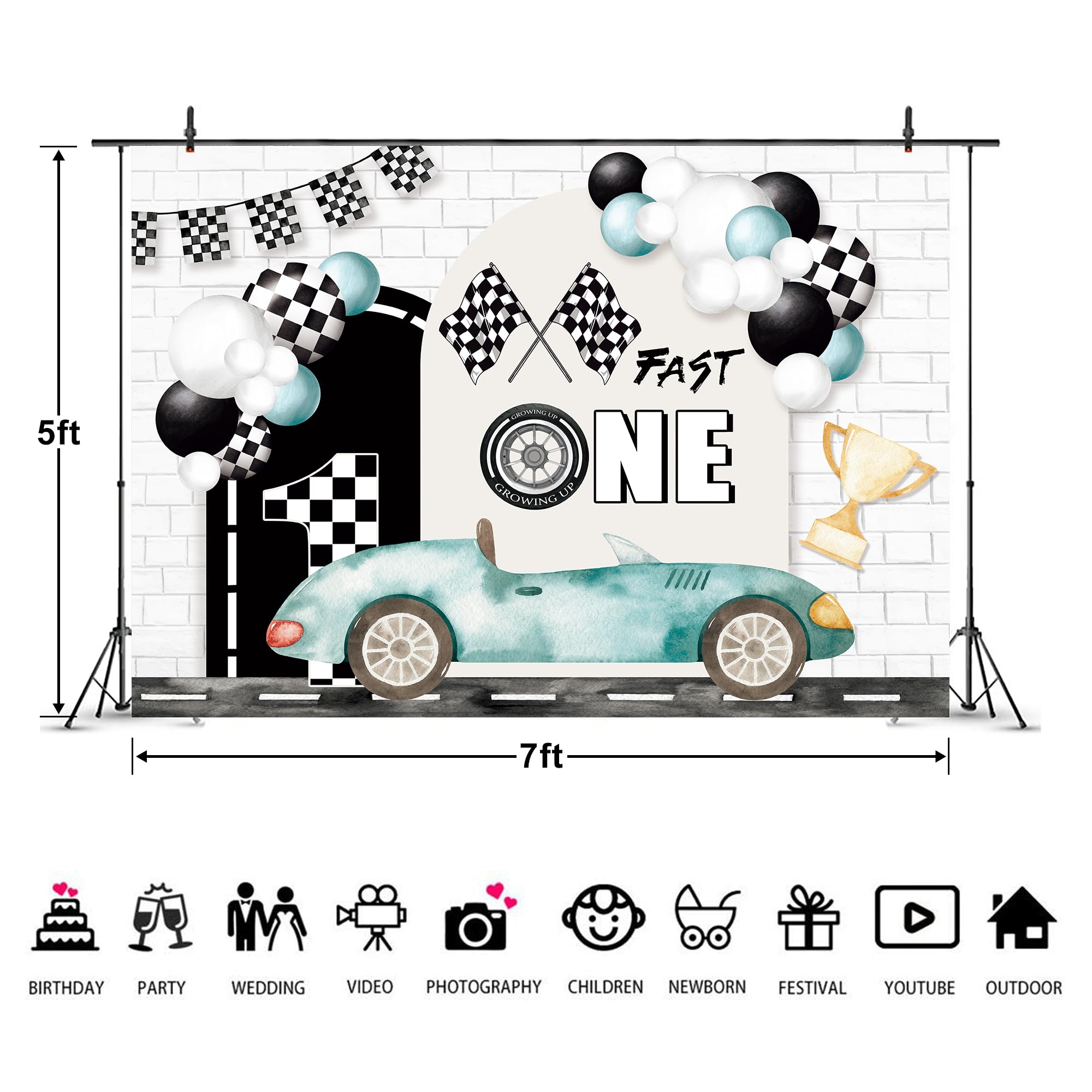 Imirell Fast One 1St Birthday Backdrop 7Wx5H Feet Kids Boys Racing Car Teal Black White Plaid Flag Cool Polyester Fabric Bday Ca