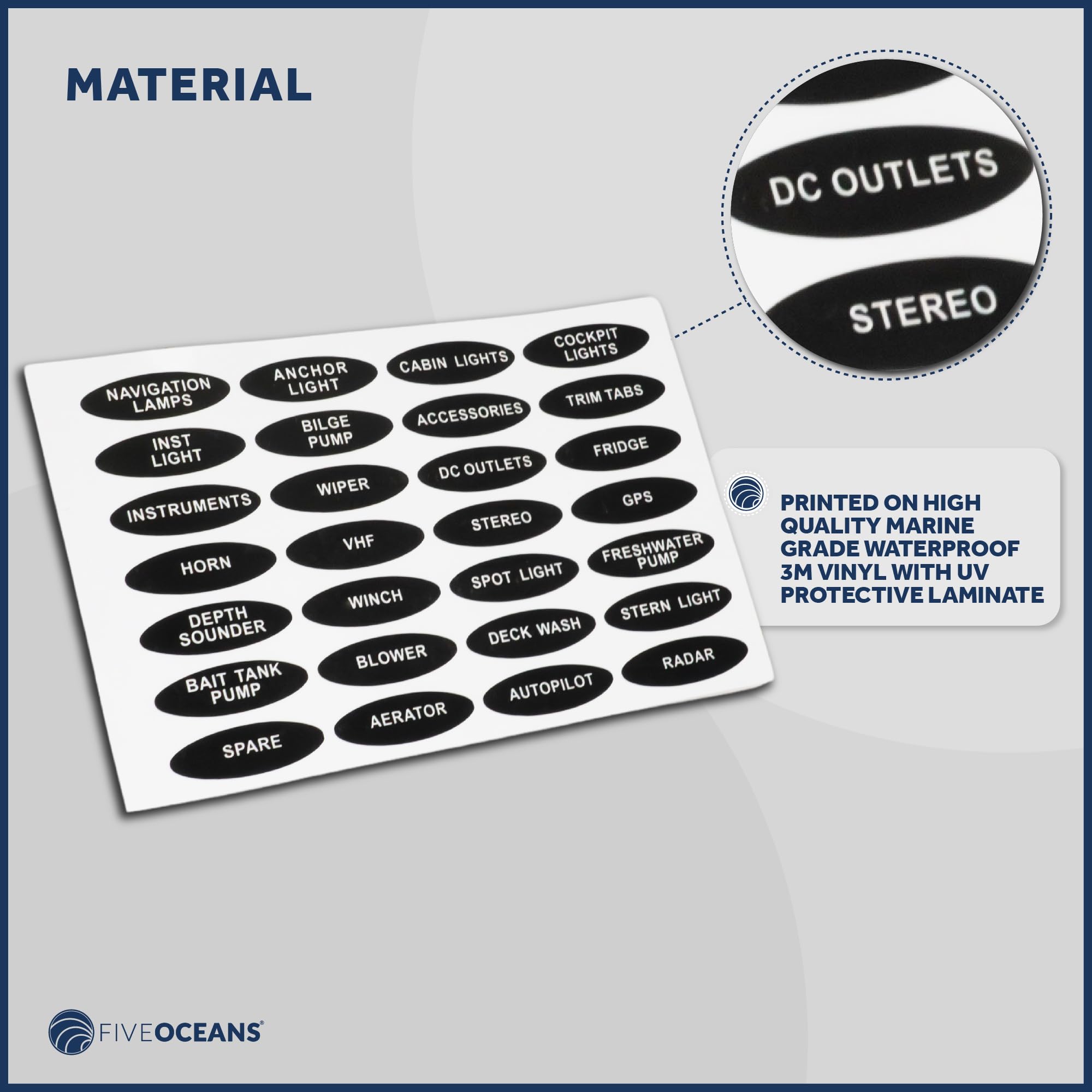 Five Oceans Boat Switch Panel Labels, Marine Boat Dash Board Instruments Decal, Rocker Switch Circuit Panel Sticker, 28 Pcs Per