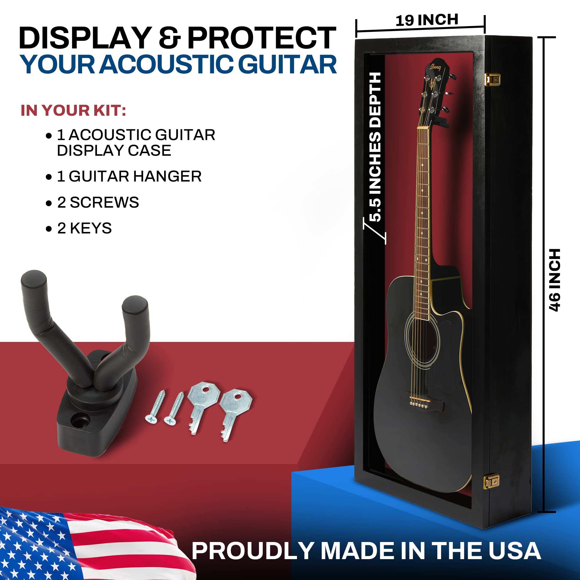 Pennzoni Acoustic Guitar Display Case - Acrylic Acoustic Guitar Case - Guitar Display Case Wall Mount Made From Hardwood Frame &