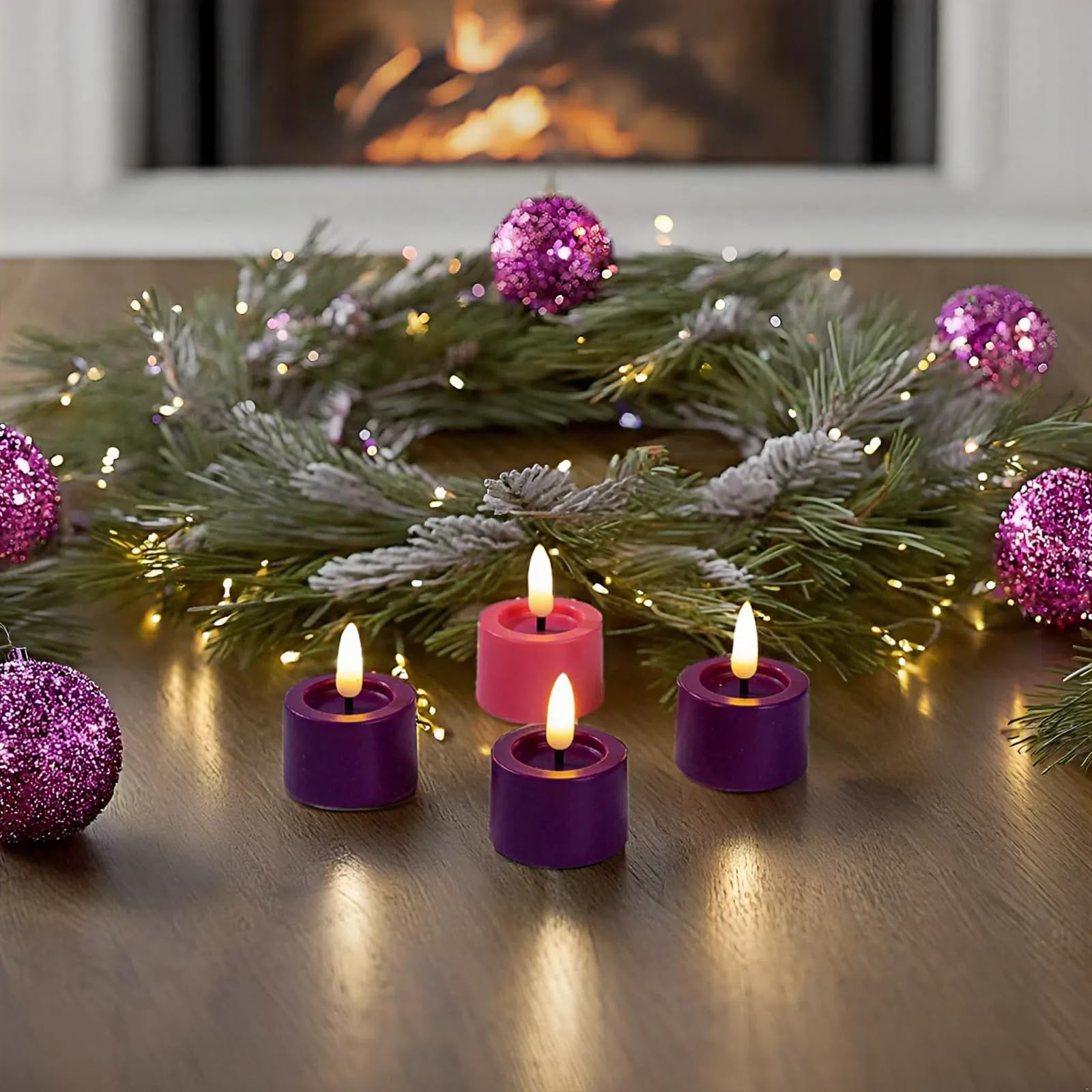 Simplelight Pack Of 12 Battery Tea Lights With Timer, Purple & Pink Tea Lights Candles Battery Operated, Advent Wreath With Flam