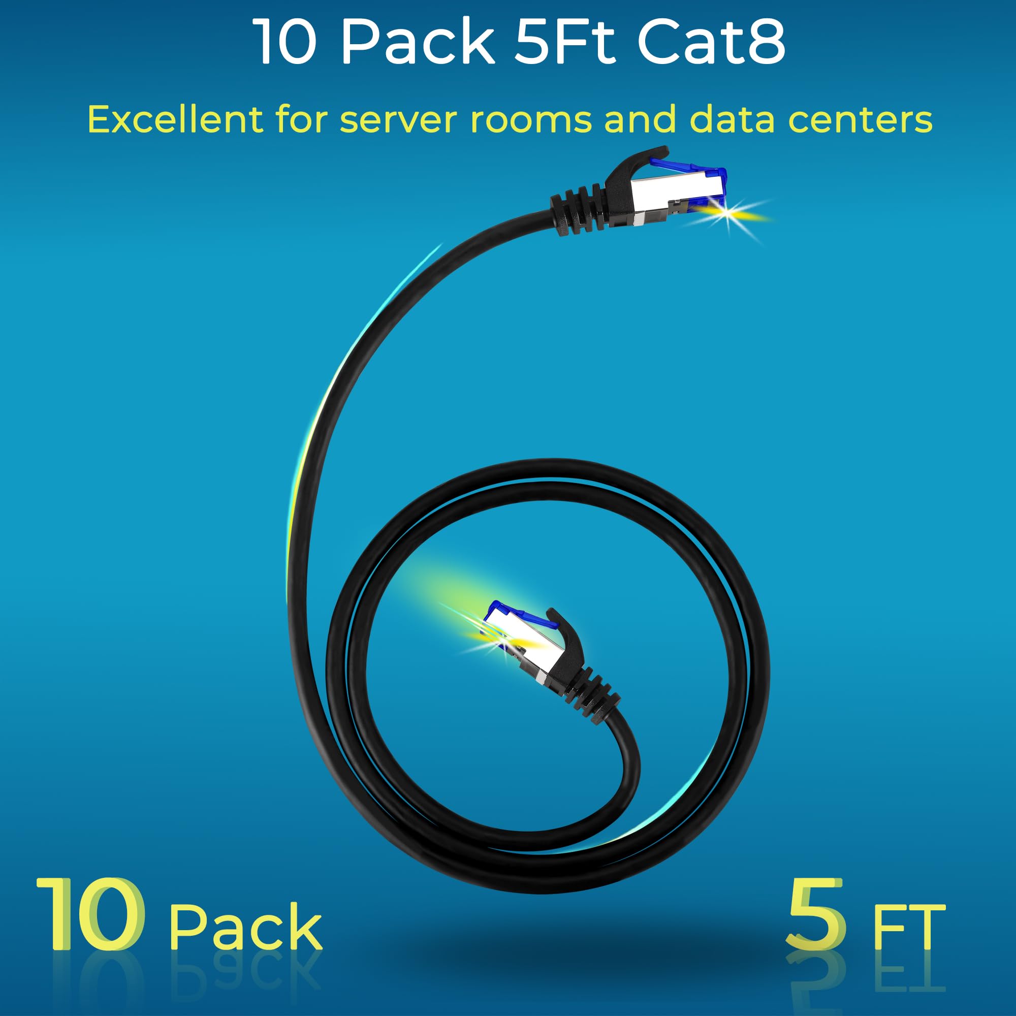 Rapink Patch Cables Cat8 5Ft 10 Pack Slim, Cat8 Ethernet Patch Cable 40G Support, Snagless Cat 8 Patch Cable For Patch Panel To Switch, Flexiable Cat 8 Ethernet Cable Datacenter With Gold Plated