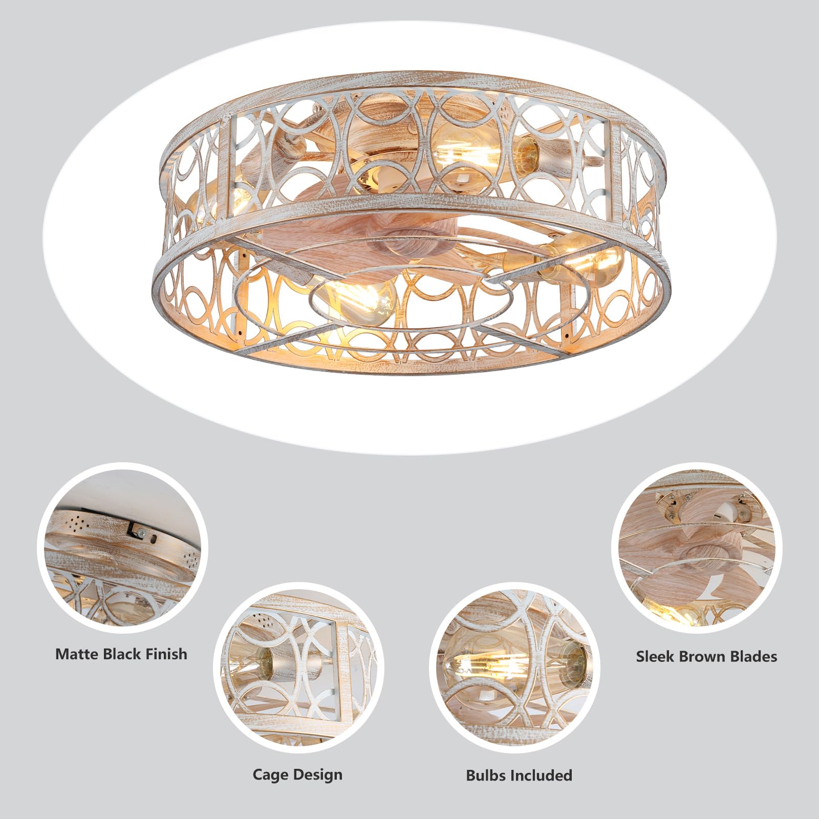 Alaruder Ceiling Fans With Lights Flush Mount,20 Inch Caged Modern Small White Fan For Bedroom,Low Profile Ceiling Fan With Remo