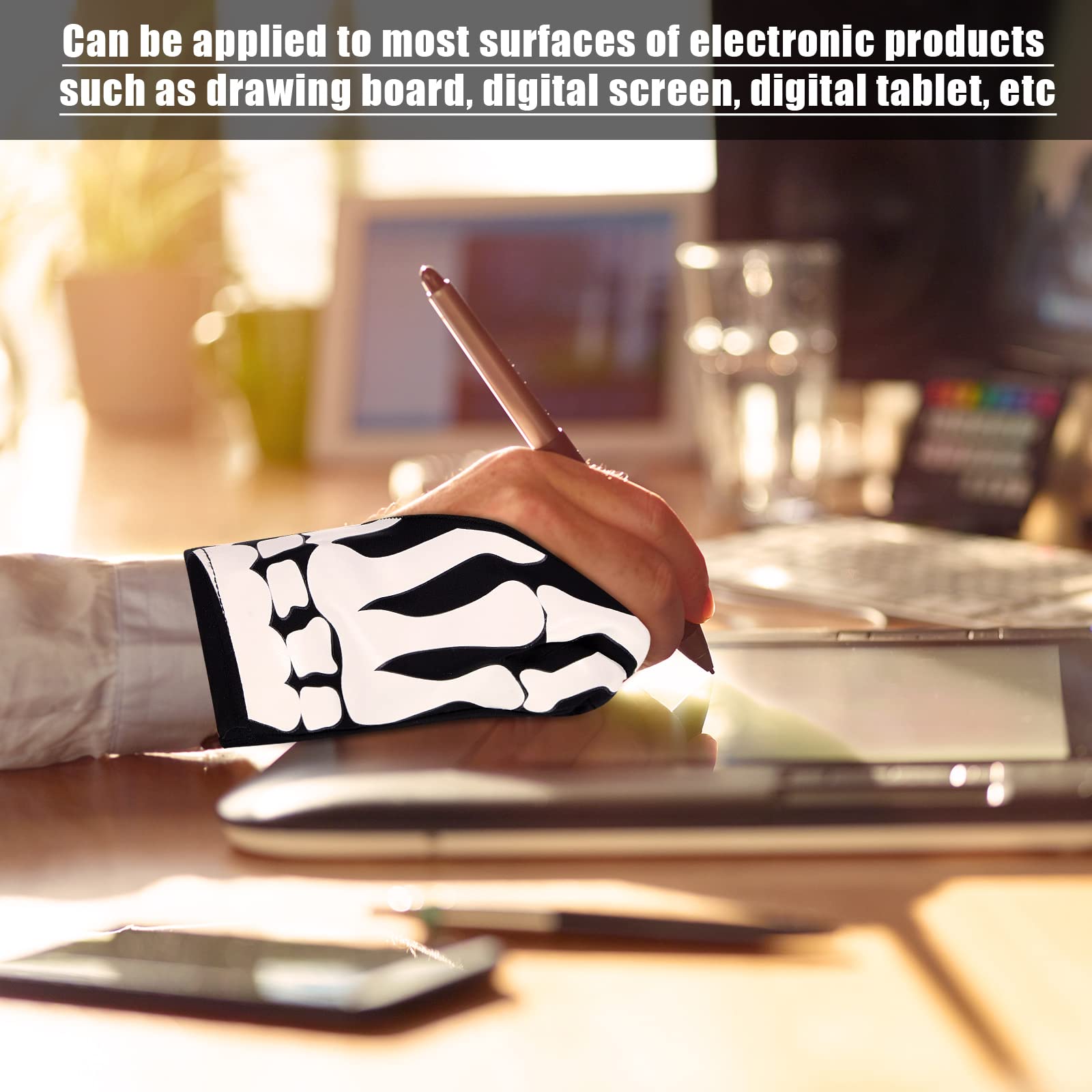 Jecery 2 Pieces Skeleton Artist Glove For Drawing Tablet Glove For Graphics With 2 Finger Digital Tablet Drawing Glove Palm Reje