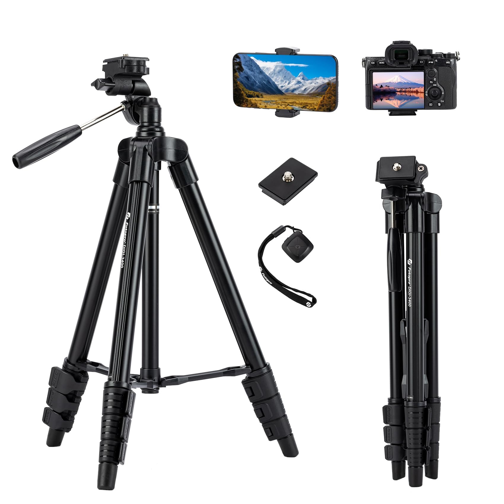 Fotopro 48 Camera Phone Tripod with 3-Way Head Phone Mount Remote Control, Aluminum Lightweight Portable Travel Tripod Stand for