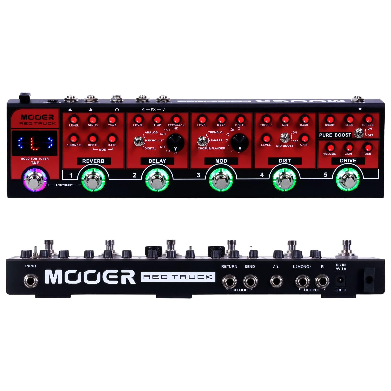 Mooer Red Truck Combined Multi Effects, Analogue Boost, Overdrive And Distortion Warm Tones, Multi Modulation, Stereo Reverb And Delay Ambience Effects With Tap Tempo Synchronization