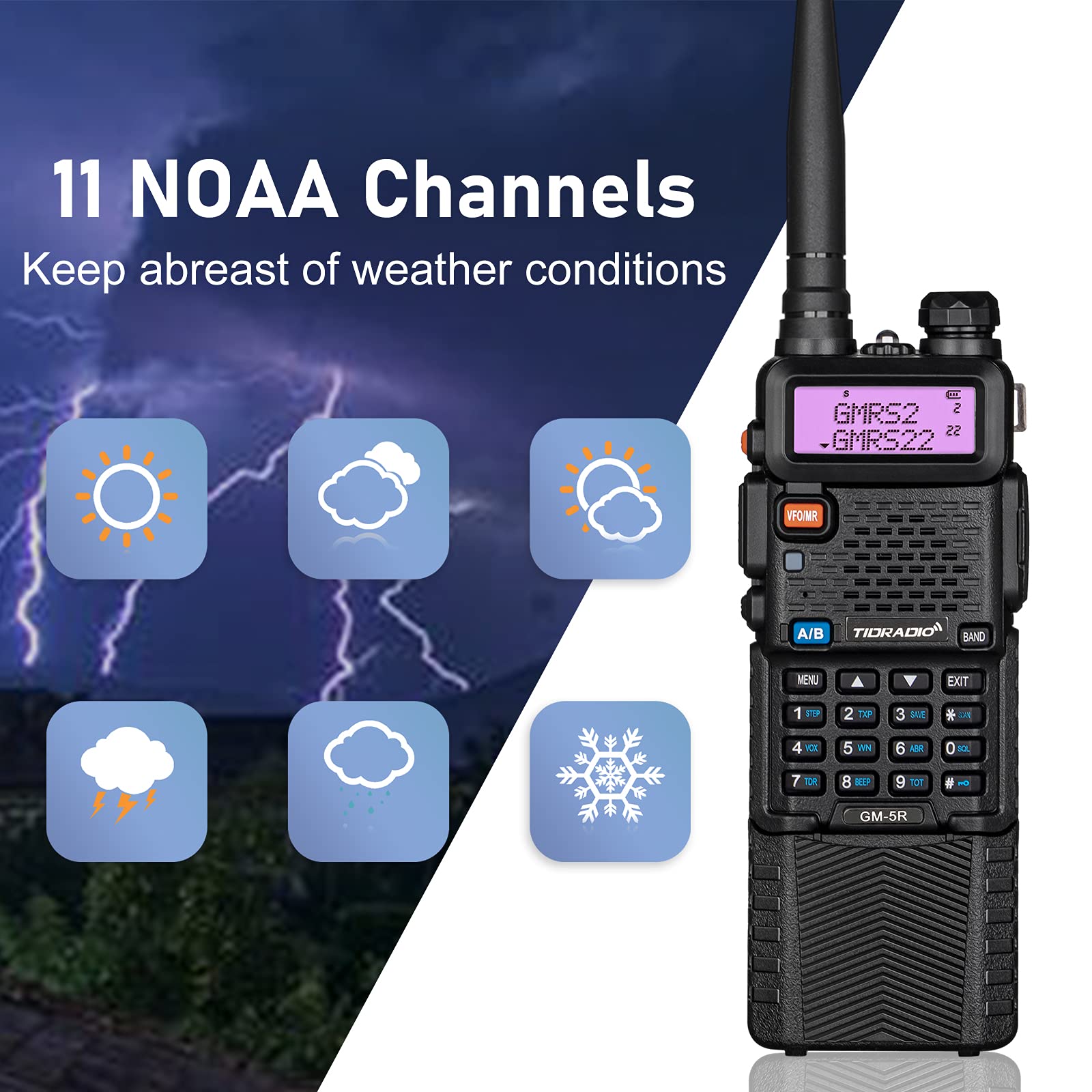 Tidradio Gm 5R Gmrs Radio, Two Way Radio Gmrs Repeater Capable, With 3800Mah Battery, Dual Band Scanning Receiver And Noaa Weath