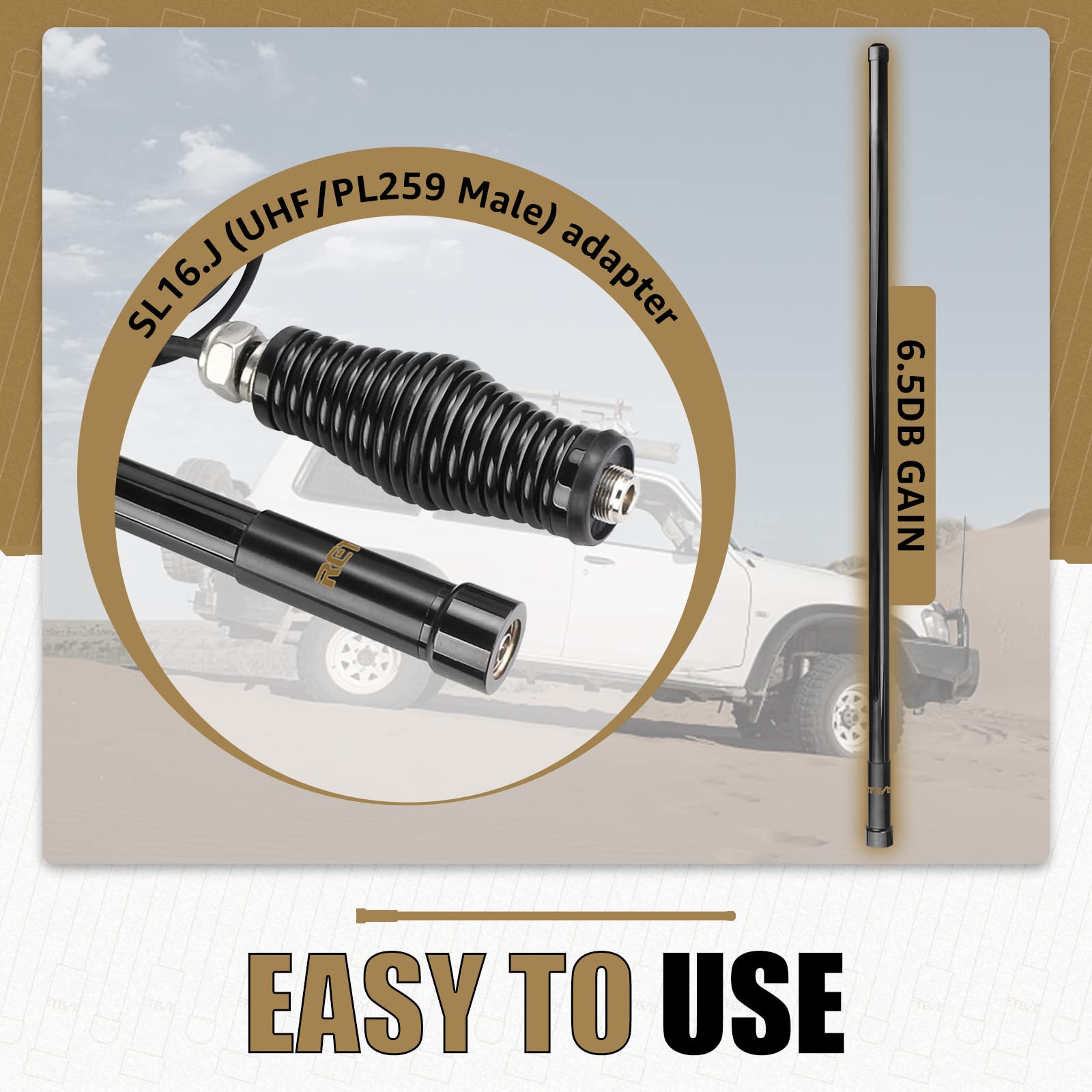 Retevis Gmrs Mobile Antenna, Heavy Duty Fiberglass Gmrs Antenna, 6.5Db 462 467Mhz,Mount Bracket,Spring Base With 16Ft Rg 58U Coa