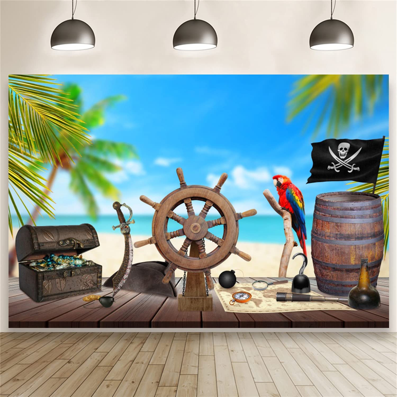 Lfeey 7X5Ft Pirate Themed Backdrop For Photography Old Wooden Rudder Wood Floor Pirate Ship Jewelry Box Barrel Seascape Photogra