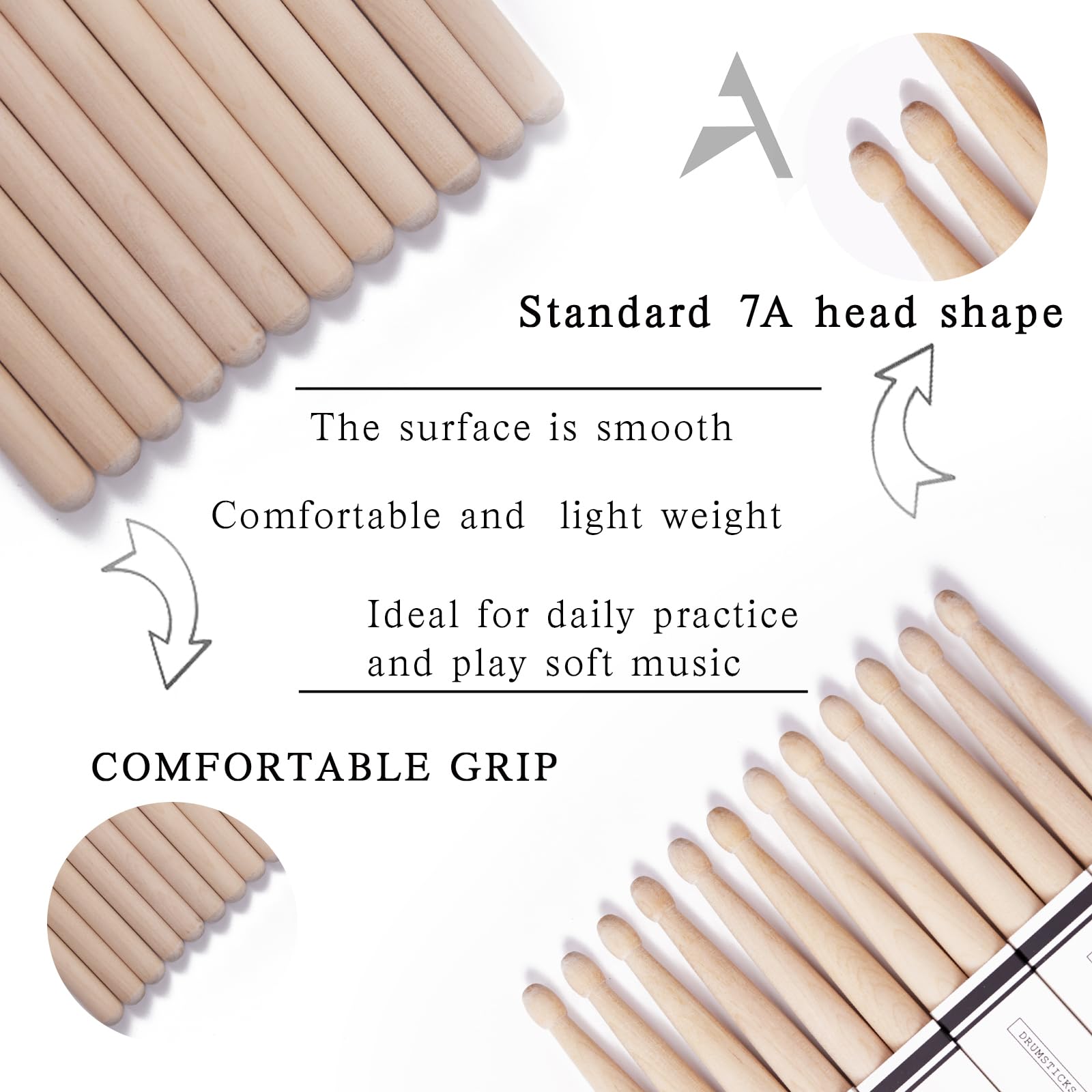 Aqjunong Drum Sticks,7A Drumsticks, 12 Pairs Classic Maple Wood Tip Drum Sticks For Kids And Adults, Professional Musical Instru