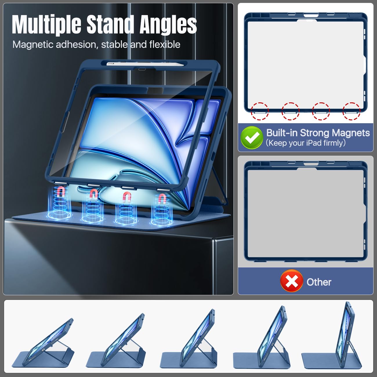 MoKo for iPad Air 13 Inch Case M2 2024 with Pencil Holder, iPad Air 13 Case, [Built in Screen Protector], iPad Air 13' Case with Clear Back & Magnetic Multi Angle Stand Cover, Sea Blue